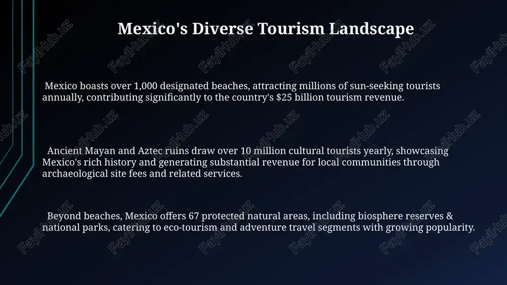 nd crafts relying heavily on tourist spending, contributing significantly to national income. the tourism sector in mexico accounts for a substantial portion of foreign direct investment (fdi), exceeding $10 billion in certain years, fueling infrastructure development and creating opportunities for local businesses. sustainable tourism practices more than 60% of mexico's protected natural areas, encompassing diverse ecosystems from jungles to deserts, actively promote responsible ecotourism, generating over $1 billion annually in revenue. mexico's riviera maya boasts over 30 eco-lodges certified by green globe, showcasing a commitment to reducing carbon footprints by 20% and employing local communities in sustainable practices. community-based tourism initiatives in chiapas involve over 15 indigenous villages, offering authentic cultural experiences while ensuring 80% of profits directly benefit local residents and conservation efforts. thank you for your attention @taqdimot_robot