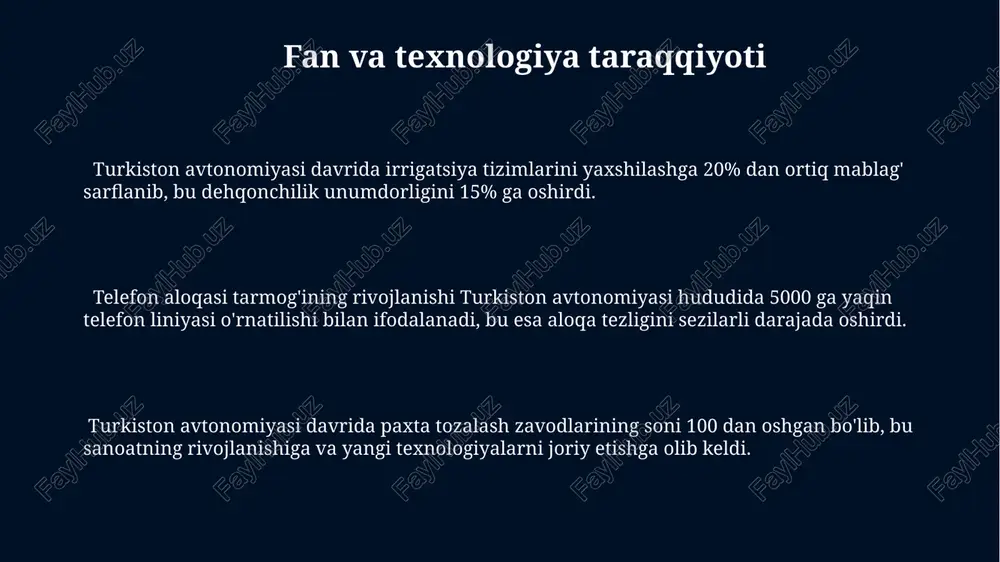 qiy tizimning parallel mavjudligini bildiradi. jinoyat kodeksiga koʻra, oʻlim jazosi, 20 yilgacha qamoq jazosi va mulkdan mahrum qilish kabi jazolar qoʻllanilgan. siyosiy tuzum va boshqaruv mamlakatning siyosiy tuzumi parlament-konstitutsiyaviy respublika modeli asosida 1920-yillar boshida shakllana boshlagan. qonun chiqaruvchi hokimiyatni ikki palatali parlament – milliy kengash va xalq kengashi amalga oshirgan. turkiston avtonomiyasi davrida 3 ta asosiy viloyatga boʻlinib, har birining boshligʻi 5 yillik muddatga saylangan. meros va zamonaviy ta'siri turkiston avtonomiyasi davrida 1920-yillarda 10 dan ortiq viloyatlarni o'z ichiga olgan ma'muriy-hududiy tuzilmalar mavjud bo'lib, ularning har biri o'ziga xos iqtisodiy va siyosiy xususiyatlarga ega edi. sovet davrida turkiston avtonomiyasining tugatilishi (1924-yil) milliy-madaniy va siyosiy jihatdan salbiy ta'sir ko'rsatdi, shu jumladan 50 yildan ortiq davom etgan repressiya va majburlash siyosatiga olib keldi. turkiston avtonomiyasi davridagi demografik o'zgarishlar, ya'ni ko'chmanchilik va migratsiya jarayonlari 2 millionga yaqin odamni qamrab oldi va hozirgi o'rta osiyo xalqlarining etnik tarkibiga sezilarli ta'sir ko'rsatdi. harbiy tuzum va …
