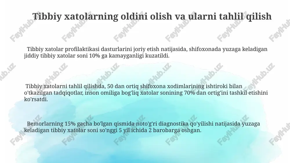 rdamida 30% ga yaqin amaliy mashg'ulotlarni takomillashtirish va 20% ga xatoliklar sonini kamaytirish imkonini beradi. kasalxona pedagogikasi samaradorligini baholash mezonlari tibbiy xodimlar malakasini oshirish bo'yicha o'tkazilgan treninglar natijalariga ko'ra, kasalxona pedagogikasi samaradorligi kamida 75% darajasida baholanadi, bu esa klinik ko'rsatkichlar va bemorlarning sog'ayish sur'atlariga ta'sir ko'rsatadi. samaradorlikni baholashda, bemorlarning kasallik haqida bilim darajasining 60% ga oshishi, mustaqil ravishda sog'lig'ini saqlashga bo'lgan tayyorgarlik darajasining 70% ga o'sishi muhim ko'rsatkichlar hisoblanadi. kasalxona pedagogikasi samaradorligini baholashda bemorlarning 80% dan ortiq qoniqish darajasi, o'quv materiallarining tushunarliligi va amaliy qo'llanilishining 90% ga yaqinligi muhim mezon hisoblanadi. davolash jarayonida bemorlar bilan muloqot madaniyati samarali muloqotni o'rnatish uchun shifokorlarning empatiya ko'nikmalarini rivojlantirish va nonverbal aloqa usullarini qo'llash bo'yicha o'qitish kurslarini o'tkazish 15% ga bemorlarning qoniqish darajasini oshirishi mumkin. bemorlarning 30% ga yaqini terapevtlar bilan bo'lgan muammolarning 60% psixologik jihatlarga (qo'rqinch, tushunmovchilik) bog'liqligini ta'kidlaydi. davolash jarayonida bemorlarning 70% dan ortig'i shifokorlar bilan muloqotning sifatsizligi sababli noroziligini bildirishi kuzatilgan. …