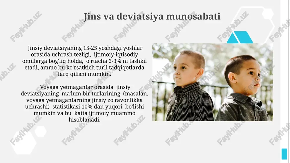 larining ko'payishi kuzatiladi, bu esa sog'liq va ruhiy sog'lomlikka salbiy ta'sir ko'rsatadi. madaniy omillar va deviatsiya madaniy normalarni buzishning 15-25 yosh guruhlarida kuzatiladigan darajasi, 30-40 yosh guruhlariga nisbatan 2,5 baravar yuqori bo'lib, ijtimoiy nazorat mexanizmlarining zaiflashuvi bilan bog'liq. o'smirlik davrida (13-19 yosh) deviatsiya xatti-harakatlarining 70% ga yaqini, ta'lim muassasalarining ijtimoiy-madaniy muhitining salbiy ta'siri bilan izohlanadi. deviatsiyaning sabablari va oqibatlari katta yoshdagi odamlarda kuzatiladigan deviatsiyalar ko'pincha ruhiy kasalliklar (masalan, depressiya, 25% hollarda) yoki sog'liq muammolari bilan bog'liq bo'lib, o'z joniga qasd qilish kabi jiddiy oqibatlarga olib kelishi mumkin. yoshlik davrida sodir etiladigan deviatsiyalar, 30% hollarda o'rtoqlarning salbiy ta'siri va ijtimoiy bosim natijasi bo'lib, maktabdan chetlashish yoki ijtimoiy izolyatsiyaga olib kelishi mumkin. qarilik davridagi deviatsiya demensiya va altsgeymer kabi neyrodegenerativ kasalliklarga chalingan qariyalar orasida agressiv xatti-harakatlar va o'z-o'zini parvarish qilish qobiliyatining pasayishi kuzatiladi, bu esa 30% ga yaqin hollarda ijtimoiy moslashuvsizlikka olib keladi. qarilik davrida o'g'rilik, firibgarlik kabi moliyaviy deviatsiyalar 65 yoshdan …