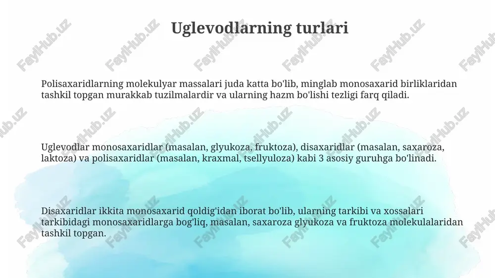 haroza) ta'sirida disaharidlar monosaharidlarga (glyukoza, fruktoza, galaktoza) parchalanadi. monosaharidlar ingichka ichakning epiteliy hujayralari orqali faol va passiv transport usullari bilan qonga so'riladi va jigarga yuboriladi, u erda glyukogen shaklida saqlanadi. uglevodlarning ta'rifi uglevodlar oʻsimliklar va hayvonlar hujayralarida energiya manbai sifatida, shuningdek, hujayra devorlari va boshqa tuzilmalarning tarkibiy qismi sifatida muhim rol oʻynaydi. monosaxaridlar, masalan, glyukoza va fruktoza kabi oddiy shakarlar, uglevodlarning asosiy tuzilish birliklarini tashkil qiladi va ularning molekulyar massasi 180 ga yaqin. uglevodlar – organik birikmalar boʻlib, ularning umumiy formulasi cn(h2o)n bilan ifodalanadi va asosan uglerod, vodorod va kislorod atomlaridan tashkil topgan. uglevodlarga boy oziq-ovqat mahsulotlari 100 gramm grechka taxminan 60 gramm uglevodlarni o'z ichiga oladi, bu esa uni uglevodlarga boy mahsulot sifatida belgilaydi. ushbu uglevodlarning asosiy qismi murakkab uglevodlar hisoblanadi. mevalar, masalan, banan va uzum, fruktoza kabi oddiy shakardagi yuqori miqdor tufayli tez hazm bo'ladigan uglevodlarning ajoyib manbaidir. bir dona o'rtacha banan taxminan 27 gramm shakar saqlaydi. kartoshka, …