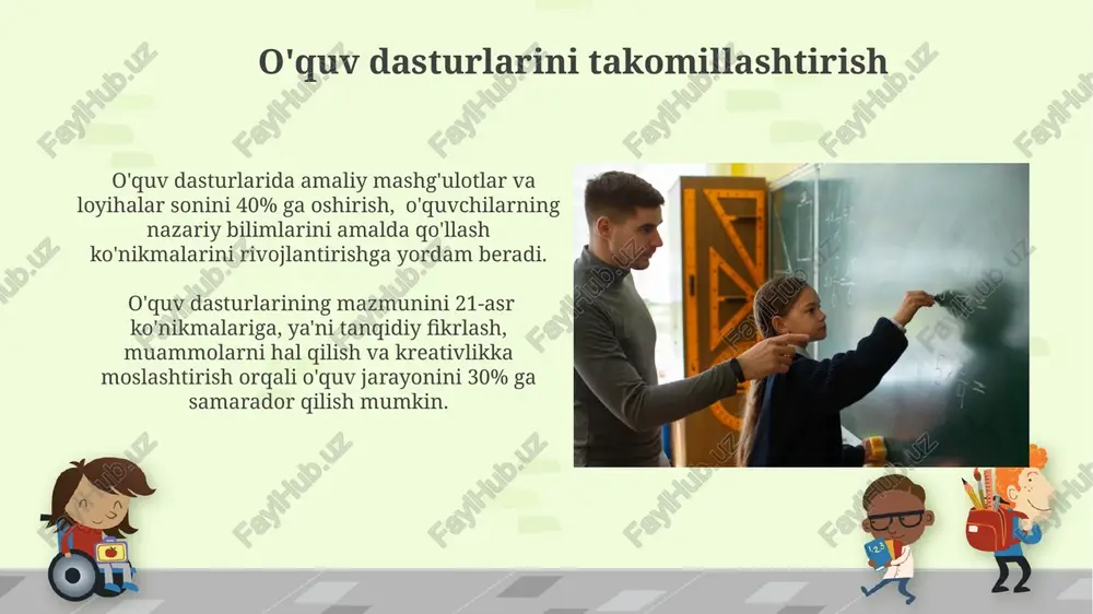 huvlarni targ'ib qilish zarur. talabalarni kasb-hunarga yo'naltirish kasb-hunar yo'nalishini tanlashda psixologik testlar va maslahatlar yordamida o'quvchilarning qobiliyat va qiziqishlarini aniqlash tizimi joriy etilishi zarur. kasb-hunar ta'limi muassasalarida amaliy mashg'ulotlarning 60% dan kam bo'lmagan qismini tashkil etishi va zamonaviy texnologiyalar bilan jihozlanishi lozim. o'quvchilarni baholashning samarali usullarini joriy etish o'quvchilarning bilim va ko'nikmalarini baholashda portfel usulini qo'llash, 3-5 ta asosiy mezonlar bo'yicha yillik reytingni shakllantirish imkonini beradi va ob'ektiv baholashni ta'minlaydi. formativ baholashni muntazam o'tkazish orqali o'qituvchilar o'quv jarayonida kamchiliklarni 2-3 hafta ichida aniqlab, o'z vaqtida tuzatish choralarini ko'rishlari mumkin. ta'lim muassasalarini moliyalashtirishni yaxshilash o'quvchilar soni va maktab infratuzilmasining holatini hisobga olgan holda, differensial moliyalashtirish mexanizmini joriy etish orqali adolatli taqsimotni ta'minlash kerak. ta'lim muassasalarining moliyaviy mustaqilligini oshirish uchun byudjet mablag'larini kamida 15% ga oshirish va ularni samarali boshqarish tizimini joriy etish zarur. e'tiboringiz uchun rahmat @taqdimot_robot image6.jpg image7.jpg image8.jpg image9.jpg image10.jpg image11.jpg image12.jpg image13.jpg image14.jpg image15.jpg image16.jpg image17.jpg image1.png