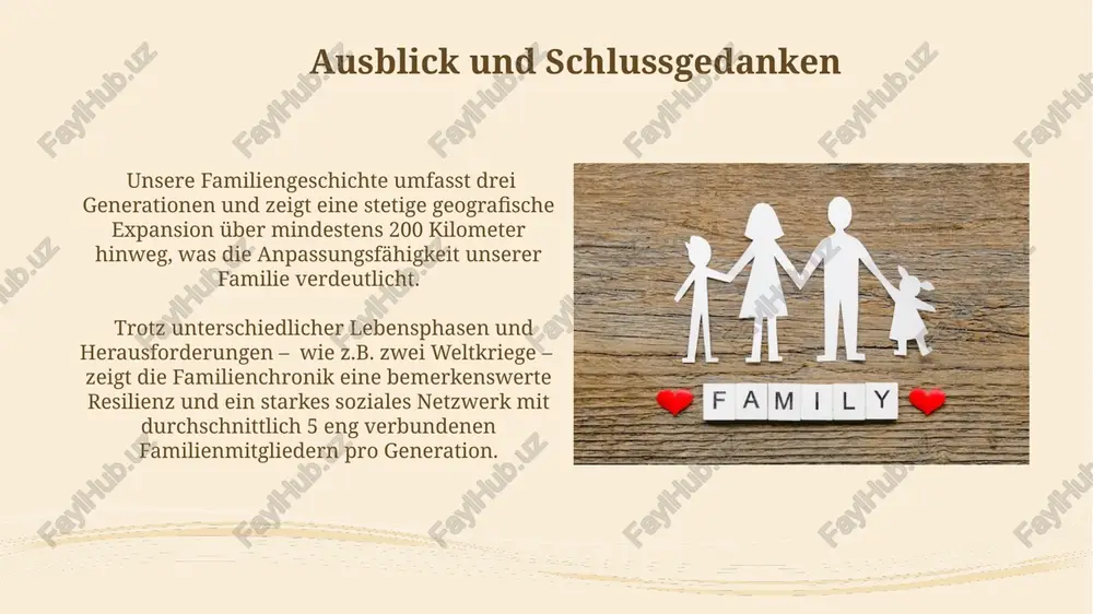 en spielabenden. insgesamt 5 familienurlaube verbrachten wir in den bergen, wobei die wanderung zum gipfel des hochkönigs im jahr 2015 mit einer höhe von 2941 metern unser herausforderndstes, aber auch eindrucksvollstes abenteuer darstellte. unsere stärken als familie unsere familie zeichnet sich durch eine beeindruckende 95%ige übereinstimmung bei wichtigen entscheidungen aus, was zu einer hohen effizienz und reibungslosen problemlösung führt. wir pflegen ein aktives soziales leben mit durchschnittlich 3 familienaktivitäten pro woche, stärkend unsere bindungen und fördernd positive interaktionen. herausforderungen und erfolge die erfolgreiche bewältigung der erkrankung unseres jüngsten kindes, die eine intensive 12-wöchige therapie erforderte, schweißte uns als familie noch enger zusammen und verstärkte unsere gegenseitige unterstützung. unsere familienmitglieder mussten aufgrund von beruflichen umzügen dreimal innerhalb von fünf jahren den wohnort wechseln, was jedoch unsere familiäre bindung stärkte und unsere anpassungsfähigkeit verbesserte. vielen dank für ihre aufmerksamkeit @taqdimot_robot image2.jpg image3.jpg image4.jpg image5.jpg image6.jpg image7.jpg image8.jpg image9.jpg image10.jpg image11.jpg image12.jpg image13.jpg