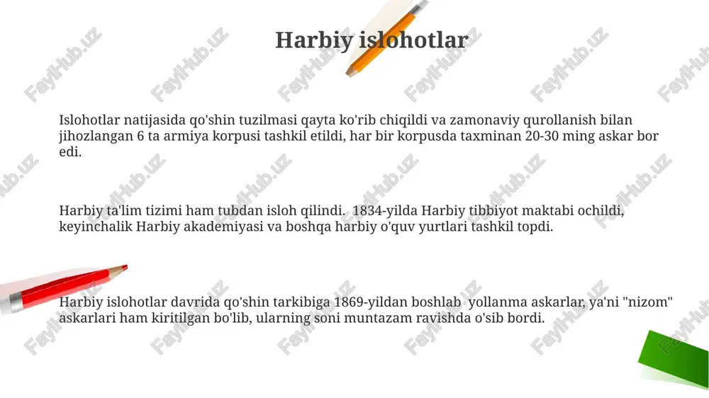 q korruptsiya va markaziy hokimiyatning zaifligi tufayli 30 dan ortiq viloyatda islohotlar to’liq amalga oshirilmadi. iqtisodiy islohotlarning muvaffaqiyatsizligi, xususan, soliq tizimining isloh qilinmaganligi va yer egalarining katta qismida yerlarning xususiylashtirilmaganligi tufayli imperiyaning iqtisodiy ahvoli keskin yomonlashdi. ijtimoiy islohotlar ijtimoiy islohotlar doirasida aholining turli qatlamlariga teng huquqlar berishga harakat qilindi, ammo bu jarayon asta-sekin va qiyin kechdi, chunki ko'plab qarshiliklar mavjud edi. ijtimoiy islohotlar davrida 1839-yilda tanzimat fermani e’lon qilinib, yangi qonunlar va sud tizimi joriy etildi, bu esa avvalgi an’anaviy tuzumga nisbatan sezilarli o'zgarishlarni keltirdi. islohotlar davrida ta’lim tizimida ham o'zgarishlar bo'lib, yangi maktablar ochildi va g'arbiy ta’lim uslublari joriy etildi, natijada savodxonlik darajasi taxminan 10% ga oshdi. ta'lim sohasidagi islohotlar ta'lim sohasidagi islohotlar davrida 1838-yilda "islom dinini o'qitish bo'yicha yangi nizom" qabul qilinib, diniy ta'lim mazmuni va uslublarini isloh qilishga harakat qilingan. 1848-yilda usul-uslublarini yangilash va zamonaviy fanlarni o'qitishni boshlash maqsadida o'quv dasturlari qayta ko'rib chiqildi va ko'plab maktablar …