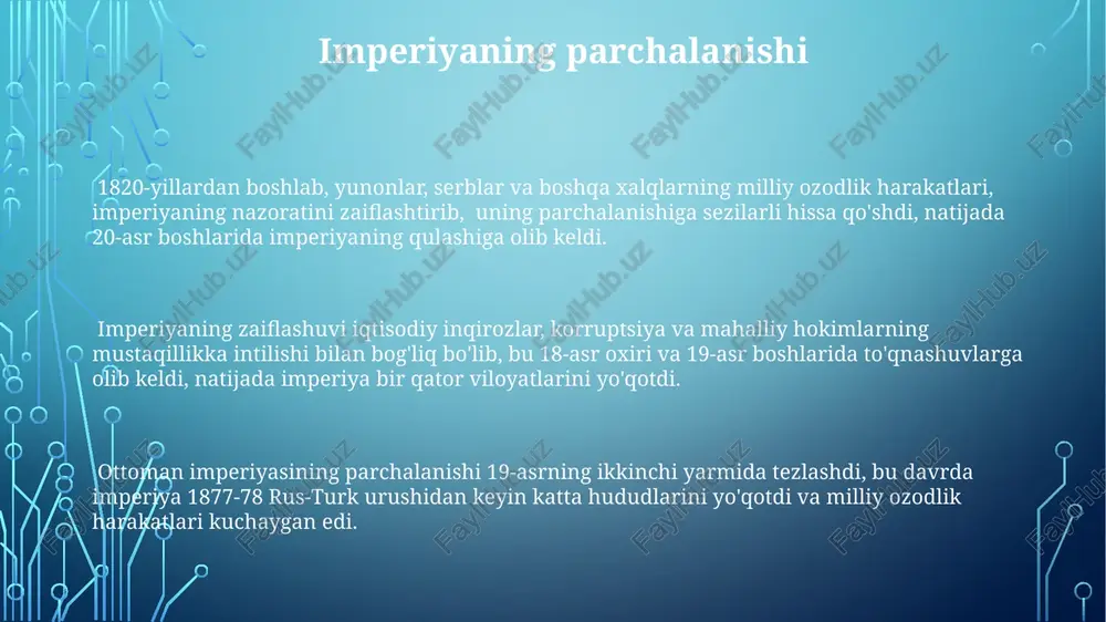 agi qattiq qurg'oqchilik va erlarni tarqatishdagi adolatsizlik millatchilik harakatlari va ijtimoiy noroziliklarning avj olishiga sabab bo'lgan. usmonlilar imperiyasining qulashi usmonlilar imperiyasining qulashi birinchi jahon urushi (1914-1918) davrida ittifoq davlatlari safida qatnashgani va keyinchalik mag'lubiyatga uchrashi imperiyaning parchalanishiga turtki bo'ldi, bu esa 1922 yilda rasman tugashiga olib keldi. imperiyaning iqtisodiy jihatdan orqada qolishi va modernizatsiya jarayonining sekinligi, sanoat inqilobidan orqada qolish va tashqi qarzlarning ko'payishi, uning qulashini tezlashtirgan muhim omillar bo'ldi. 19-asr oxiri va 20-asr boshlarida milliy ozodlik harakatlari, ayniqsa, balkanlarda kuchayib, usmonlilar imperiyasining hududiy yaxlitligini jiddiy ravishda zaiflashtirdi, bu esa imperiyaning siyosiy va harbiy zaiflashuviga olib keldi. iqtisodiy qiyinchiliklar 16-asrda inflyatsiya darajasi yiliga 10% dan oshdi, bu esa aholi turmush darajasining pasayishiga va iqtisodiy noturg'unlikning kuchayishiga sabab bo'ldi, soliqlarning o'sishiga olib keldi. o'smonli imperiyasining iqtisodiy zaifligi, 17-asrda, qishloq xo'jaligi mahsulotlarining yetishmovchiligi va savdo yo'llarining yopilishidan kelib chiqqan holda, yalpi ichki mahsulotning keskin pasayishi bilan ifodalangan. o'rta asrlar davrida o'smonli imperiyasining …