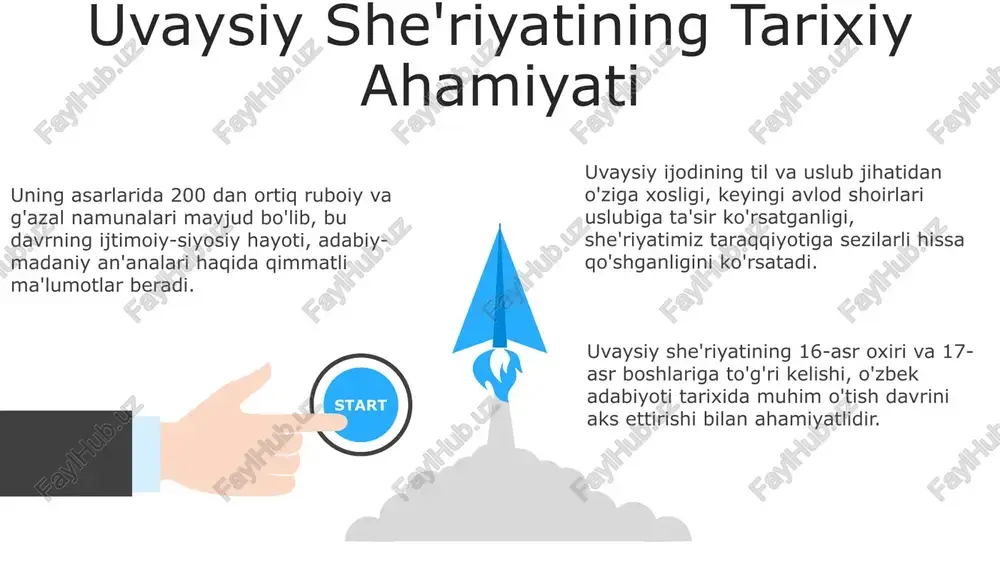 iyat nazariyasi va amaliyoti masalalari yoritiladi. “tanqid va tadqiqotlar” jurnalida adabiyotshunoslikka oid 20 dan ortiq ilmiy maqolalar nashr etilgan boʻlib, ularning 5 tasi uvaysiy ijodini tahlil qilishga bagʻishlangan. uvaysiy ijodiga bagʻishlangan maqolalar “tanqid va tadqiqotlar”da turli yillarda nashr etilib, lingvistik, semantik va badiiy tahlil metodlaridan foydalanilgan. tabiat tasvirlari shoirning tabiat tasvirlarida mavsumiy oʻzgarishlar, ayniqsa, bahor va kuz fasllarining rang-barangligi, 10 dan ortiq sheʼriy obrazlar orqali ifodalangan. uvaysiyning tabiat tasvirlarida 30 dan ortiq turli oʻsimlik va hayvonot dunyosi vakillarining realistik tasvirlari uchraydi, bu uning kuzatuvchanligini va tabiatga boʻlgan chuqur muhabbatini koʻrsatadi. uvaysiy tabiat manzaralarini tasvirlashda antropomorfizm uslubidan unumli foydalangan, tabiat hodisalariga insoniy fazilatlarni, his-tuyg'ularni xoslagan. uvaysiyning hayoti va ijodi uvaysiyning she'rlari asosan muhabbat, tabiat, ijtimoiy-siyosiy mavzularda yozilgan bo'lib, uning asarlarida tasavvuf falsafasi ham o'z ifodasini topgan. shoirning ijodida milliy an'analar bilan fors-tojik adabiyoti ta'sirlari uyg'un holda aks etgan, uning badiiy uslubi o'ziga xos xususiyatlarga ega. uvaysiyning ijodida 150 dan ortiq g'azal, …