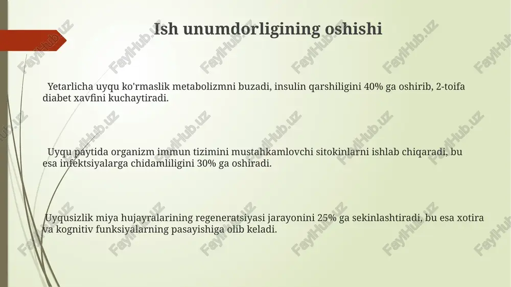 ytida miya toksinlarni, masalan, beta-amiloindni, uning konsentratsiyasi 75% gacha kamayadi, bu esa neyrodejenerativ kasalliklar xavfini kamaytiradi va kognitiv funksiyalarni yaxshilaydi. miya faoliyatining tiklanishi uchun uyqu vaqtida gippokampusdagi neyronlar orasidagi sinaptik bogʻlanishlar mustahkamlanadi, bu esa kun davomida olingan ma'lumotlarning 20% gacha yodda saqlanishiga yordam beradi. rem uyqusi davrida miya faoliyati kuchayib, kun davomida yigʻilgan axborotlarni qayta ishlash va tizimlash jarayonlari, shu jumladan, hissiy tajribalarni tahlil qilish 30-40% tezlashadi. immunitet tizimining mustahkamlanishi 7-8 soatlik uyqu immunitet tizimining asosiy tarkibiy qismlarini, jumladan, antitellar va sitokinlar ishlab chiqarishini optimallashtiradi, bu esa organizmning kasalliklarga chidamliligini kuchaytiradi. yetarlicha uyqu immunitet hujayralari, masalan, t-hujayralari va b-hujayralarining faolligini 25% ga oshirib, infektsiyaga qarshi kurashish qobiliyatini yaxshilaydi. uyqusizlik sitokinlar darajasini o'zgartirib, yallig'lanish jarayonlarini kuchaytiradi va shu bilan birga, immunitet tizimining zaiflashishiga olib keladi, bu esa yuqumli kasalliklar xavfini 30% ga oshirishi mumkin. jismoniy tiklanish va ta'mirlash uyqu vaqtida tana hujayralari ta'mirlanadi va yangilanadi, bu jarayon 7-8 soatlik uyqu davomida …