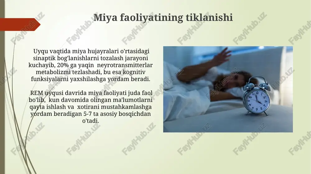 hkamlash uchun juda muhimdir; bu bosqichning yetarli emasligi diqqat etishish qobiliyatini sezilarli darajada pasaytiradi. kayfiyat va hissiy holat uyqusizlik hissiy jihatdan beqarorlikka, asabiylashuvga va g'azablanuvchanlikka olib keladi, bu esa ijtimoiy munosabatlarga salbiy ta'sir qiladi. yeterli uyqu miqdori (7-9 soat) kayfiyatni sezilarli darajada yaxshilaydi, depressiya va xavotirlilik xavfini 30% ga kamaytiradi. uyquning ahamiyati uyqu vaqtida miya hujayralari o'rtasidagi aloqalar mustahkamlanadi, bu esa xotira va bilimni mustahkamlashga yordam beradi. kechasi 7-8 soatlik uyqu miya faoliyatini optimallashtirish uchun juda muhimdir. uyqu etishmasligi metabolik jarayonlarning buzilishiga, 2-toifa diabet va semirish xavfini oshirishi mumkin. kuniga kamida 7 soat uyqu sog'lom vaznni saqlash uchun zarurdir. e'tiboringiz uchun rahmat @taqdimot_robot image1.jpg image2.jpg image3.jpg image4.jpg image5.jpg image6.jpg image7.jpg image8.jpg image9.jpg image10.jpg image11.jpg image12.jpg