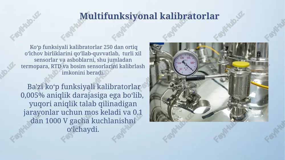 larning har biri o'ziga xos aniqlik sinfiga ega. murakkab jarayonlarni kalibrlash, 5 dan ortiq o'zgaruvchilarni nazorat qilishni va ularning o'zaro ta'sirini hisobga olishni talab qiladi, bu esa yuqori aniqlikdagi kalibratorlarni qo'llash zarurligini belgilaydi. kalibrlash natijalarini hujjatlashtirish kalibrlash natijalari to‘g‘risida kamida 3 nusxada hujjat tuzish va ularni 5 yil davomida arxivda saqlash majburiydir, bu iso 9001 standartlariga muvofiqdir. kalibrlash sertifikatida kamida 2 ta mutaxassis imzosi bo'lishi va kalibrlash uskunasi identifikatsiya raqami ko'rsatilishi zarur. kalibratorlarning turlari va xususiyatlari kalibratorlarning 10 dan ortiq turi mavjud boʻlib, ularning aniqligi 0,01% dan 5% gacha oʻzgaradi va har xil oʻlchov birliklarida, masalan, volt, amper, ohm va boshqalarda ishlatiladi. raqamli kalibratorlar avtomatik ma'lumotlarni qayd etish va tahlil qilish imkoniyatiga ega boʻlib, 10 000 dan ortiq oʻlchov nuqtalarini saqlashi mumkin va yuqori aniqlikka ega. xatolarni tahlil qilish va bartaraf etish xatolarni bartaraf etish uchun "5-nima?" usuli samarali: nima sodir bo'ldi, nima sabab bo'ldi, nima qilish kerak, kim javobgar, …