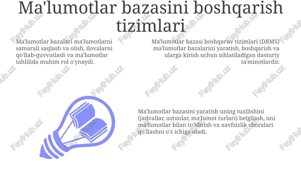 tirish ma'lumotlar modellashtirish: ma'lumotlar bazasining tuzilishini loyihalash, ma'lumot elementlari o'rtasidagi bog'lanishlarni aniqlash va ma'lumotlar saqlanishi uchun sxemani yaratish. ma'lumotlar bazasini yaratish: loyihalashtirilgan modelni ma'lumotlar bazasini boshqarish tizimi yordamida amalga oshirish, ma'lumotlarni saqlash va boshqarish uchun jadvallar, maydonlar va munosabatlarni sozlash. ma'lumotlar bazasini loyihalash ma'lumotlarni kiritish: jadvallarga ma'lumotlarni kiritish, izchillik va aniqlikni ta'minlash. ma'lumotlar bazasini amalga oshirish: mysql yoki postgresql kabi ma'lumotlar bazasi boshqarish tizimini (dbms) tanlang, jadvallar yarating va bog'lanishlarni belgilang. ma'lumotlar tuzilmasi: ma'lumotlar o'rtasidagi bog'lanishlarni aniqlash, tegishli ma'lumotlar turlarini tanlash va jadvallar yaratish. relatsion ma'lumotlar bazalari add text add text add text add text add text add text relatsion ma'lumotlar bazalari ma'lumotlarni satr va ustunlarga ega jadvallarda saqlaydi va ular o'rtasidagi aloqalarni ta'minlaydi. mysql, postgresql va sql server kabi mashhur ma'lumotlar bazasini boshqarish tizimlari relational ma'lumotlar bazalarini yaratish va boshqarish uchun vositalarni taklif etadi. umumiy ma'lumotlar bazasi dasturlari 01 02 03 moliyaviy hisob-kitob tizimlari: moliyaviy operatsiyalarni boshqarish, hisobotlarni shakllantirish …