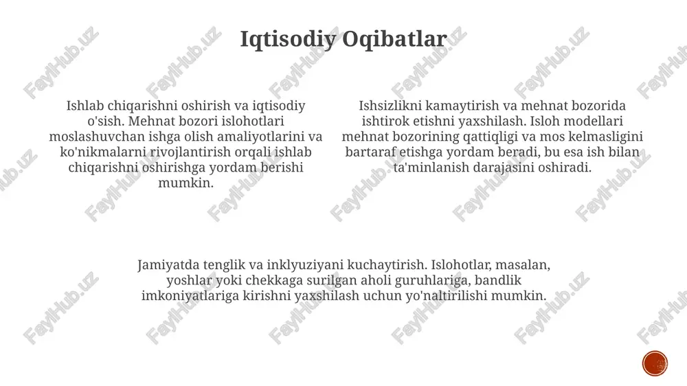rish, malaka rivojlanishini rag'batlantirish va moslashuvchan ish tartiblarini targ'ib qilish. biznesga ta'siri moslashuvchanlik va moslashuvchanlik, ixtisoslashgan ko'nikmalarga talab va ish haqi tengsizligi ehtimoli. avtomatlashtirish va samaradorlikning oshishi, ish o'rinlari yo'qotilishi ehtimoli va qayta o'qitish zarurati. iqtisodiy o'sish va raqobatbardoshlik, mehnat bozori sharoitlarining yaxshilanishi va ijtimoiy tartibsizliklar xavfi. taklif qilingan isloh modeli umumiy ko'rinishi ijtimoiy himoya tarmoqlarini mustahkamlash va ishga joylashishga ko'maklashish. ishchilarning malakasi, ta'limi va o'qitishini yaxshilashga e'tibor qarating. mehnat bozorining moslashuvchanligi va dinamikligini oshirish boʻyicha islohotlar. ijtimoiy oqibatlar gig iqtisodiyotining o'sishi: moslashuvchanlik va mustaqillik, ammo ishchi huquqlari va ijtimoiy xavfsizlik tarmoqlari haqida tashvishlar ham bor. avtomatlashtirishning ortishi: ish o'rinlari yo'qolishi va iqtisodiy tengsizlik xavfi. kuniylik kasb-hunar etishmasligi: ixtisoslashtirilgan ko'nikmalarga talab, ishchilar uchun doimiy ta'lim va o'qitishni talab qiladi. e'tiboringiz uchun rahmat @taqdimot_robot image1.png image2.png image3.png image4.png image5.png image6.png