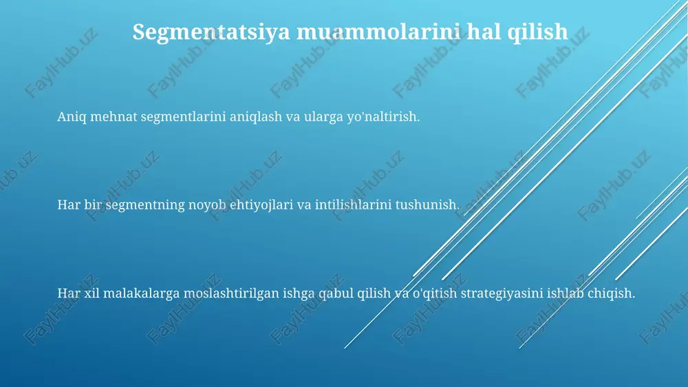 . segmentlar orasidagi to'siqlarni ta'kidlaydi, bu esa shaxslarning bir segmentidan boshqasiga o'tishini qiyinlashtiradi. segmentatsiya ish haqlaridagi farqlarga, ish imkoniyatlariga va ijtimoiy mobillikka qanday ta'sir qilishiga e'tibor qaratadi. siyosatga oid xulosalar ma'lum mehnat bo'limlari uchun mo'ljallangan maqsadli o'qitish va ta'lim dasturlari. har bir segmentning o'ziga xos ehtiyojlariga moslashtirilgan mehnat bozori siyosatlari. segmentlarga xos tendentsiyalar asosida ish bozori prognozlash va tahlilini yaxshilash. e'tiboringiz uchun rahmat @taqdimot_robot