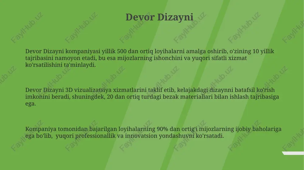 arini minimallashtiradi. zamonaviy devor texnologiyalari orasida 3d-bosma texnologiyalari yordamida qurilish tezligini 2-3 baravarga oshirish va meʼmoriy murakkablikni 10% ga kamaytirish imkoniyati mavjud. yengil metall konstruktsiyalardan foydalanish devorlarning og'irligini 40% gacha kamaytirib, seysmik chidamlilikni 15% ga oshiradi va qurilish xarajatlarini sezilarli darajada tejaydi. devor konstruksiyasi oddiy g'isht devorlari o'rtacha 370 mm qalinlikda quriladi, ammo issiqlik tejash talablari yuqori bo'lgan hollarda, qalinligi 510 mm ga yetadigan issiqlik izolyatsiyalovchi qatlamlar qo'shiladi. devor konstruksiyasida ishlatiladigan g'ishtlarning o'rtacha zichligi 1800 kg/m³ dan 2200 kg/m³ gacha o'zgaradi, bu esa devorning mustahkamligi va issiqlik o'tkazuvchanligiga ta'sir qiladi. devorning balandligi 3 metrdan oshganda, mustahkamlovchi armaturadan foydalanish majburiy hisoblanadi va bu armatura minimal 6 mm diametrli bo'lishi kerak. e'tiboringiz uchun rahmat @taqdimot_robot