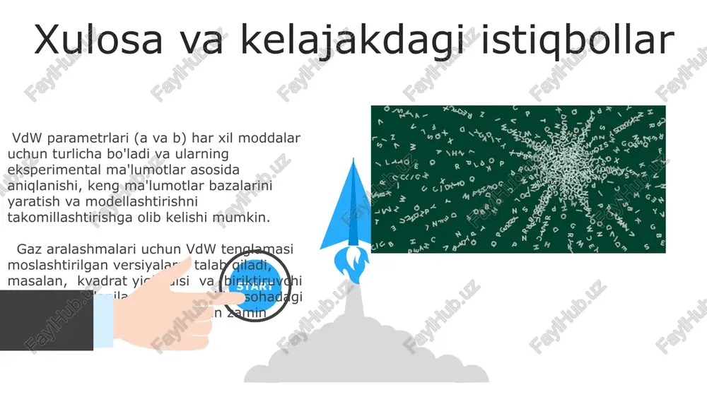 qini ideal gaz qonuniga qaraganda aniqroq bashorat qiladi. tenglamaning parametrlari (a va b) katta "a" qiymati kuchliroq molekulararo jalb etish kuchini, katta "b" qiymati esa katta molekulyar hajmini bildiradi. masalan, suv uchun "a" ning qiymati ancha yuqori. tenglamadagi "a" parametri molekulalararo o'zaro ta'sir kuchini, aniqrog'i, ularning jalb etish kuchini ifodalaydi va birliklari pa·m⁶/mol². qiymatlari moddaning tabiati bilan belgilanadi. 06 05 04 real gazlarning xususiyatlarini bashorat qilish 01 02 vander-vals tenglamasi, ideal gaz qonunidan farqli o'laroq, haqiqiy gazlarning 0.001-0.1 mol/l konsentratsiyalarida bosim va hajm o'zgarishlariga nisbatan ancha aniqroq bashorat qila oladi. tenglamada ishlatiladigan "a" va "b" parametrlari har xil gazlar uchun turlicha bo'lib, ularning molekulalarning o'zaro ta'sir kuchlari va hajmiga bog'liqligi aniq ko'rsatib beriladi. molekulyar o'zaro ta'sirlar dipollarning o'zaro ta'siri tufayli yuzaga keladigan molekulyar o'zaro ta'sirlar, molekulalarning dipol momenti kattaligiga va ular orasidagi masofaga bog'liq bo'lib, potensial energiyaning 1/r 6 ga bog'liqligiga olib keladi. london tarqalish kuchlari 0,1-1 kjl/mol energiyaga ega …