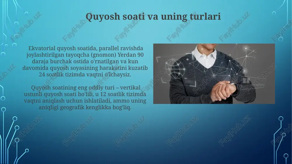 ining dastlabki namunalaridan biri. utc va gmt tushunchalari utc va gmt o'rtasidagi asosiy farq shundaki, utc atom soatlariga asoslangan va sekundning sakrashini o'z ichiga olishi mumkin, gmt esa yerning aylanishiga bog'liq bo'lib, sekundning sakrashidan foydalanmaydi. utc butun dunyo bo'yicha atom soatlari tarmog'i orqali aniq vaqtni belgilaydi, gmt esa greenwich meridianiga nisbatan aniqlangan vaqt zonasidir; ular ko'pincha bir xil bo'lsa-da, farqlar yuz berishi mumkin. kalendar tizimlari va ularning xilma-xilligi qadimgi misr kalendarida 365 kun bo'lib, unda 12 oy, har biri 30 kundan iborat edi, qo'shimcha 5 kun esa bayram kunlari sifatida belgilanardi, bu esa quyosh yili bilan sinxronizatsiyani ta'minlashga urinish edi. islom taqvimining oyli tizimi, ya'ni 12 oylik, har oy 29 yoki 30 kundan iborat bo'lib, oyning oylik davrlariga asoslangan, bu esa quyosh yiliga qaraganda ancha qisqaroq 354 yoki 355 kundan iborat yilni hosil qiladi. kvarts soatlari va ularning aniqligi kvarts soatlarining aniqligi, odatda, oyiga ±15 soniyadan oshmaydi, bu mexanik soatlarga …