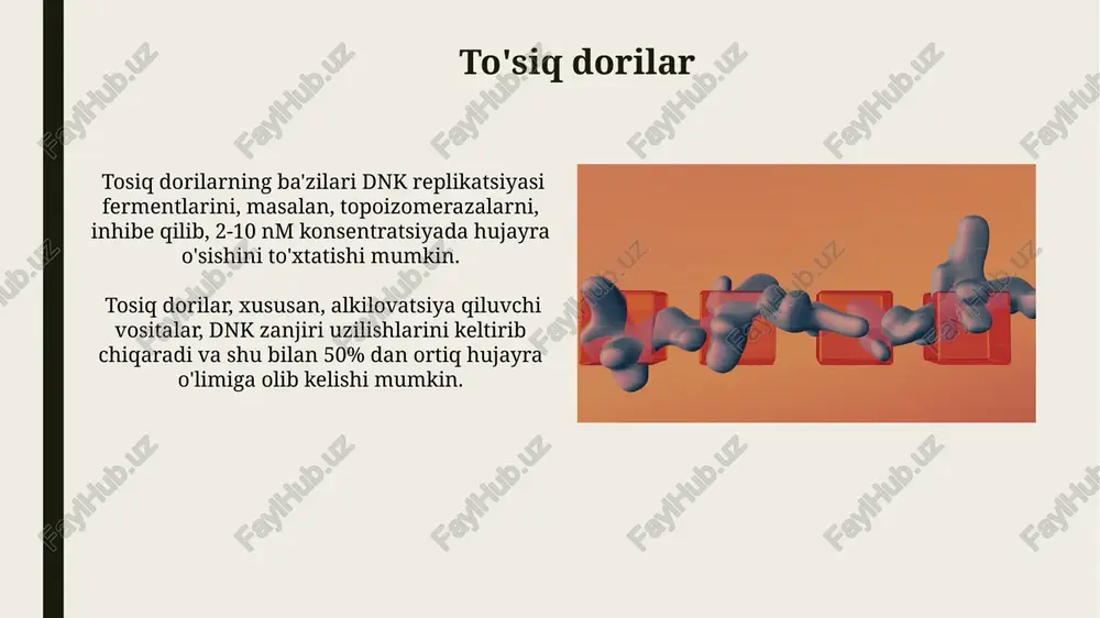 yaqin to'sqinlik qilib, polimeraza fermentlarini inhibe qilish orqali ta'sir ko'rsatadi. retroviruslarga qarshi ba'zi dorilar, masalan, inhibitorlar, virusning teskari transkriptaz fermentini blokirovka qilib, rnkdan dnkga o'tish jarayonini to'xtatadi. kinase inhibitörleri ikkilamchi o'smalarning rivojlanishida ishtirok etadigan muayyan kinazalarni nishonga olish orqali, kinaza ingibitorlari 2-3 martagacha o'sma metastazini kamaytirishi mumkin. ko'plab kinaza ingibitorlari, masalan, tirozin kinaza ingibitorlari, o'sma hujayralarining o'sishi va tarqalishini 50% gacha bostirishi mumkin, bu hujayra tsiklini boshqarishdagi rollari tufayli. saraton hujayralarining o'sishini boshqaruvchi yo'llarni nishonlovchi dorilar parp inhibitörlari, dnkni ta'mirlash yo'llarini buzish orqali, dnk zararlanishiga chidamli bo'lmagan saraton hujayralarining 90%ini o'limga mahkum qiladi, brca mutatsiyalari bo'lgan hujayralarga juda samarali ta'sir qiladi. mtor inhibitörlari, hujayra o'sishini va oqsil sintezini boshqaruvchi mtor yo'lini inhibe qiladi, bu esa hujayra o'sishini 50-80% ga kamaytiradi va apoptozga olib keladi. topoisomeraz inhibitörleri topoisomerazalar faoliyatini to'xtatuvchi dori vositalari i va ii tipdagi topoisomerazalarni maqsad qilib oladi, dnkning super spiralizatsiyasini buzadi va shu bilan hujayra o'sishini 1-2 soat …