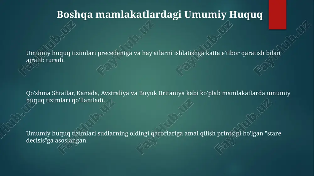 d amaliyotiga asoslangan huquq tizimi. angliyada ishlab chiqilgan, aqshning ko'plab shtatlari tomonidan qabul qilingan. hakimlar mavjud qonunlarni talqin qiladi va qo'llaydi, bu jarayonda yangi huquqiy tamoyillarni yaratadilar. umumiy huquq va qonun huquqi qonunchilik organi tomonidan qabul qilingan yozma qonun. umumiy huquq tizimlari asosan umumiy huquq va qonun hujjatlariga tayanadi. umumiy huquq tizimlari asosan umumiy huquq va qonun hujjatlariga tayanadi. umumiy huquqqa kirish umumiy huquq sud mustaqilligi va adolatli sud jarayoni huquqining ahamiyatini ta'kidlaydi. ko'pgina mamlakatlarda, shu jumladan aqsh, buyuk britaniya va kanadada umumiy huquq tizimi qo'llaniladi. umumiy huquq sud qarorlariga asoslangan, ya'ni o'tgan ishlardagi qarorlar kelajakdagi hukmlarni boshqarish uchun ishlatiladi. umumiy huquq va zamonaviy qiyinchiliklar umumiy huquq - bu precedent va sud qarorlariga asoslangan huquqiy tizim. zamonaviy qonun huquqiy tizimiga globalizatsiya, texnologik taraqqiyot va ijtimoiy o'zgarishlar kabi qiyinchiliklar duch kelmoqda. aqsh, angliya va kanada kabi ko'plab mamlakatlarda umumiy huquq tizimlari mavjud. xulosa umumiy huquq tizimi sud amaliyotiga asoslangan bo'lib, sudlar …