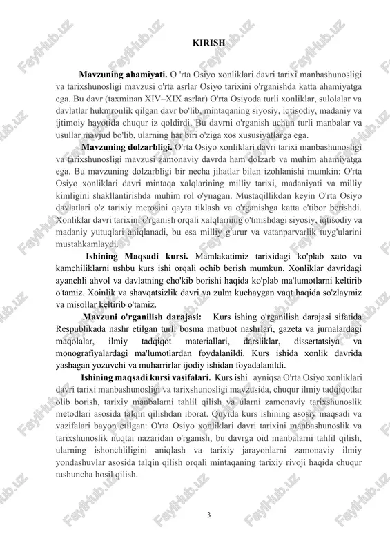 rivoji haqida chuqur tushuncha hosil qilish. kurs ishining nazariy-uslubiy asoslari. nazariy -usúbiy asoslari o'rta osiyo xonliklari davri tarixi manbashunosligi va tarixshunosligi mavzusini o'rganishda qo'llaniladigan ilmiy yondashuvlar, metodlar va tamoyillarni o'z ichiga oladi. bu asoslar tadqiqotning ilmiyligini ta'minlash, manbalarni to'g'ri tahlil qilish va tarixiy jarayonlarni chuqur tushunish uchun zarurdir . kurs ishining nazariy-uslubiy asoslari o'rta osiyo xonliklari davri tarixi manbashunosligi va tarixshunosligini o'rganishda qo'llaniladigan ilmiy yondashuvlar, metodlar va tamoyillarni o'z ichiga oladi. bu asoslar tadqiqotning ilmiyligini ta'minlash, manbalarni to'g'ri tahlil qilish va tarixiy jarayonlarni chuqur tushunish uchun zarurdir. zamonaviy metodlardan foydalanish va interdisiplinar yondashuvlar orqali bu mavzuni yanada rivojlantirish mumkin. kurs ishining ilmiy yangiligi. avvalo , mavzuning mustaqillik mafkurasi asosida tadqiq etilib, manbalarga tanqidiy tarixiy jihatdan yondashilib, ilk marotaba muomalaga kiritilayotgan yangi ma'lumotlar va davriy matbuot materiallari asosida ilmiy-nazariy xulosalar qilinganligida ko'rinadi. the course of ishida bu davr va hozirgi zamon tushunchasi holati ta'hlil etiladi. yolg 'on va chin ma'lumotlar o'rganiladi, …