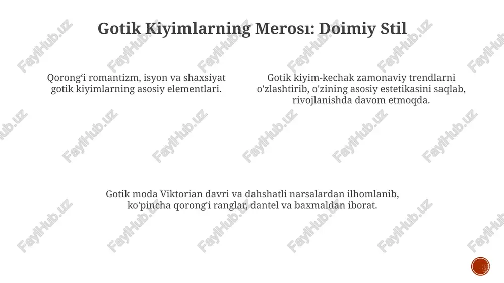 chilik, zargarlik buyumlari va mo'yna bilan bezatilgan. kiyimning shakli korsetlar, staylar va yostiqlar yordamida yaratilgan bo'lib, keng yubkalar va tor yenglar bilan to'ldirilgan. erkaklar modasi: ziyofatdan g'aroyibgacha odatda kiyiladigan kiyimlar orasida dublet, shim va palto bor edi, ularning uslubi ijtimoiy mavqe va holatga qarab farq qilar edi. gotik davrida erkaklar modasi boy matolar, murakkab bezaklar va siluetga e'tibor qaratish bilan ajralib turardi. qopqoq, poyabzal va zargarlik buyumlari kabi aksessuarlar maqom va shaxsiyatni ifoda etishda muhim rol o'ynagan. ranglar va naqshlar: qorong'ulik va sirli palitra siluettlar koʻpincha dramatik va choʻzilgan boʻlib, davrning jiddiyligini ta'kidlardi. qora va qorong'u ranglar ustunlik qildi, motam va o'limni ramziy qildi. e'tiboringiz uchun rahmat @taqdimot_robot image1.png image2.png image3.png image4.png image5.png image6.png