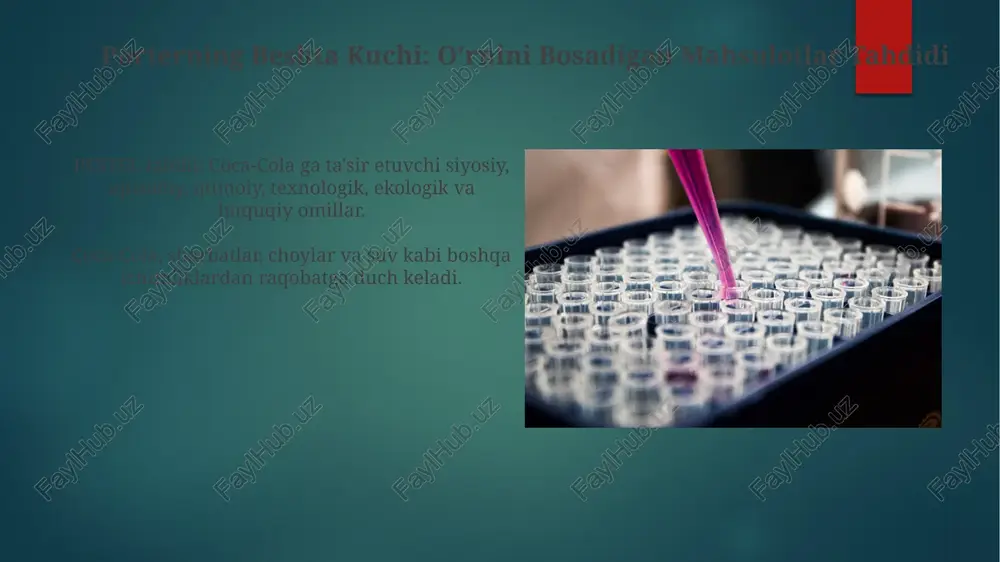 ir etuvchi siyosiy, iqtisodiy, ijtimoiy, texnologik, ekologik va yuridik omillarni tahlil qilish pestel tahlili hisoblanadi. porterning beshta kuchi: raqobatbardoshlik coca-cola ning kuchli tomonlari brend tanilish va global tarqatish, zaif tomonlari yuqori shakar miqdori va ekologik muammolar. pestel tahlili: siyosiy, iqtisodiy, ijtimoiy, texnologik, ekologik va huquqiy omillar coca-cola ga ta'sir qiladi. pestel tahlili: huquqiy omillar oziq-ovqat va ichimliklar ishlab chiqarish, yorliqlash va reklama qilish boʻyicha qonunchilik hujjatlari. mehnat qonunlari, atrof-muhitni muhofaza qilish qoidalari va coca-cola faoliyatiga ta'sir etuvchi soliq siyosati. kuchsiz tomonlar tahlili kamchiliklar: shirin ichimliklarga yuqori darajada bog'liqlik, salbiy sog'liqqa oid bog'liqliklar, brend imidjining zaifligi. swot tahlili: kuchli tomonlar (brend tanilganligi, tarqatish tarmog'i), kamchiliklar (shakarga bog'liqlik, sog'liq uchun xavotir), imkoniyatlar (mahsulot diversifikatsiyasi, barqaror qadoqlash), tahdidlar (raqobatdoshlar, iste'molchilarning o'zgarib borayotgan afzalliklari). porterning beshta kuchi: ta'minotchilarning savdo kuchlari coca-cola kuchli brend tanilishi, keng tarqalgan tarqatish tarmoqlari va sodiq mijozlar bazasiga ega. biroq, qattiq raqobat va sog'liqqa oid tashvishlar tahdidlarni keltirib chiqaradi. coca-cola'ning …