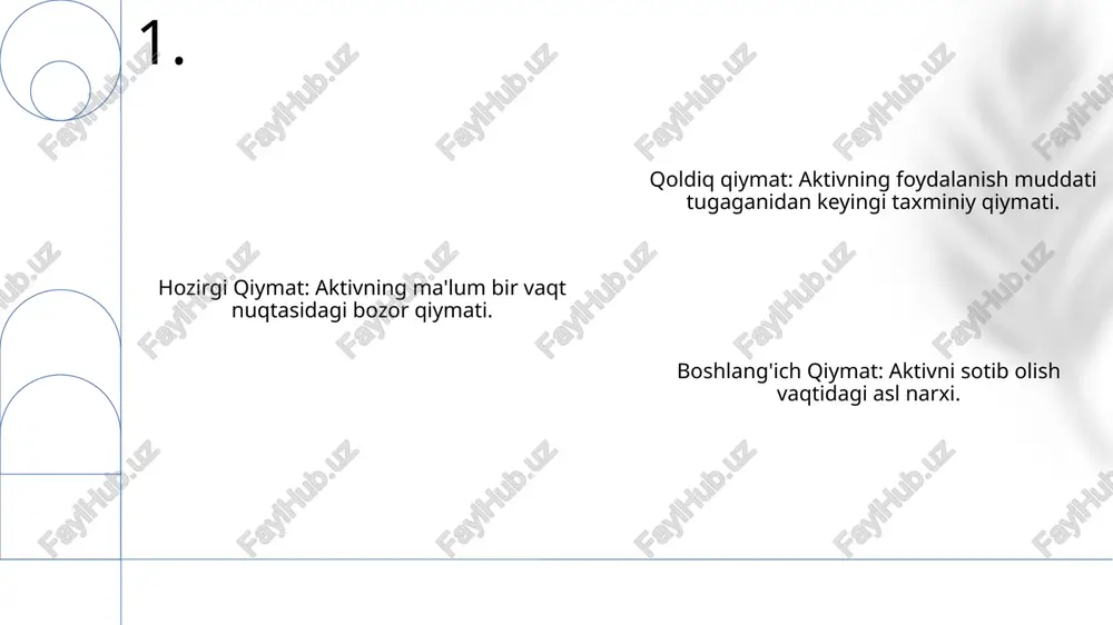 ng o'lchanadigan tomonini, ko'pincha aniq mezonlarga bog'langan holda ifodalaydi. baholash va baholanish tushunchalari, turlari: baholash qiymatni baholashning kengroq jarayoni, baholanish esa aniq sifatlarni o'lchaydigan jarayon. ular shakllanuvchi, yakuniy va diagnostika turlariga ega. 8. baholashning asosiy tamoyillari baholash va bahs-munozara biror narsaning qiymatini turli xil usullar, masalan, shakllantiruvchi va yakuniy baholash kabi usullar yordamida baholash uchun ishlatiladi. hisoblash - bu to'g'ridan-to'g'ri materiallar, ish haqi va umumiy xarajatlar kabi elementlarni hisobga olgan holda, ishlab chiqarish narxini aniqlash jarayoni. baholash aktivning qiymatini aniqlashni o'z ichiga oladi, boshlang'ich xarajat, amortizatsiya va bozor sharoitlari kabi omillarni hisobga oladi. 9. baholash va baholash tushunchalari, turlari. e'tiboringiz uchun rahmat @taqdimot_robot image1.png image2.png image3.png image4.png image5.png image6.png image7.png image8.png image9.png image10.png