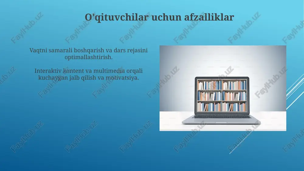 xanizmlari orqali tushunish va eslab qolishni yaxshilash. interaktiv kontent, multimedia elementlari va o'yinlashtirish orqali o'quvchilarni jalb qilish. aqlli o'quv qo'llanmalari: yechim elektron kitoblarni istalgan vaqtda va istalgan joyda ochish mumkin va ular o'qish samaradorligini oshiradi. ular moslashuvchan fikr-mulohazalar beradi, taraqqiyotni kuzatadi va maqsadli yordam taklif etadi. e'tiboringiz uchun rahmat @taqdimot_robot image1.jpg image2.jpg image3.jpg image4.jpg image5.jpg image6.jpg image7.jpg image8.jpg image9.jpg image10.jpg image11.jpg image12.jpg image13.jpg image14.jpg image15.jpg