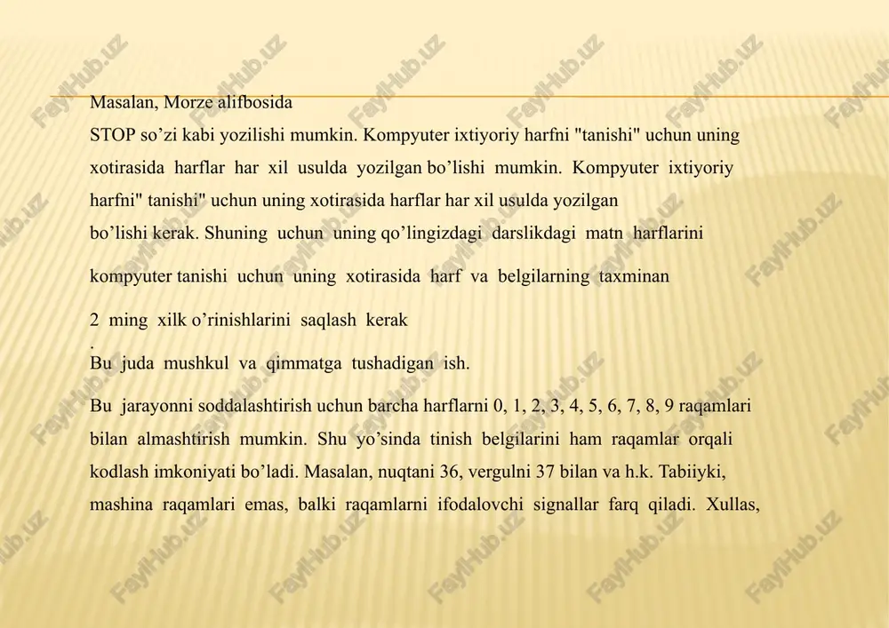 1-ochkulrang,10-to’qkulrang, 11-qorarangnikodlashimumkin.uchbitsakkizxilrangni,4bit16xilrangnikodlash imkoniniberadivah.k. shuningdek,ovoznihamkodlashmumkin.musiqagayozilgannotalarovozni kodlashningturlaridanbiridir.notabelgilarigaraqamlarnimoskeltirib,ovoznibitlar orqaliifodalashmumkin. kompyuteraxborotnifaqatkodlashtirilganko’rinishdaqaytaishlaydi.unga kiritilganma’lumotlarxotiraqurilmasigajoylashtiriladi.shunieslatishzarurki, axborotningmazmuni,uniuzatuvchilarningturivatashuvchilaridan ma’lumotlarnio’qiydigankiritishqurilmasiningko’rinishigabog’liqbo’lmaganholda,ularx otiraganolvabirlarketma-ketligidayozilishima’lum. tartiblangan alifbo usulida har bir harfga 2 ta belgidan iboratkod mos qo‘yilgan. masalan, «bugun havo issiq» degan axborotquyidagi ko‘rinishga ega bo‘ladi: 02 20 06 20 13 07 01 21 14 08 18 18 08 16 bu usulda tinish belgilari va boshqa kerakli belgilarni ham alohida kodlab, matn yozishda foydalanish mumkin. alifbo harflarini kodlashning boshqa usullari ham mavjud. image3.png image4.png