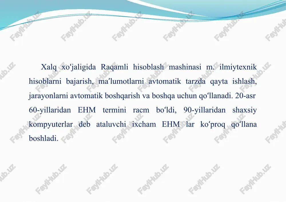 tashkil etishning ikki asosiy usuli ishlatiladi: dasturli boshqariladigan uzatish va xotiradan bevosita foydalanish. ma’lumotlarni dasturli boshqariladigan uzatish (4.1-rasm) protsessorning bevosita ishtirokida va boshqaruvida amalga oshiriladi. bunda protsessor maxsus kiritish-chiqarish qism dasturini bajaradi. xotira va tashqi qurilma o‘rtasidagi ma’lumotlar protsessor orqali o‘tadi. ma’lumotlarni dasturli boshqariladigan uzatishga protsessor ushbu amal bajarilish mobaynida masala yechilishining asosiy dasturidan chalg‘iydi. natijada, ma’lumotlarni dasturli bajariladigan uzatish ishlatilganda, hisoblash mashinasining unumdorligi pasayadi. xotiradan bevosita foydalanish xbf (4.1-rasm) ma’lumotlar blokini tez kiritish- chiqarish va protsessorni qisman ozod etish uchun ishlatiladi. boshqacha aytganda, ma’lumotlarni uzatishni tashkil etishning bu usuli protsessorga bog‘liq bo‘lmagan holda asosiy xotira bilan tashqi qurilma o‘rtasida aloqaniva ma’lumotlarni uzatishni ta’minlaydi. shunday qilib, xotiradan bevosita foydalanish, protsessor (mikroprotsessor)ni kiritish-chiqarish amalini bajarishdan qisman ozod etib, ehm yoki mikroehmning unumdorligini oshishiga imkon tug‘diradi. xotiradan bevosita foydalanish usulida ma’lumotlarni almashinishning yuqori tezkorligiga almashinuvni boshqarishda dastur vositalaridan emas, balki apparatura vositalaridan—kontrollerlardan foydalanish evaziga erishiladi. image2.png image3.png image4.png