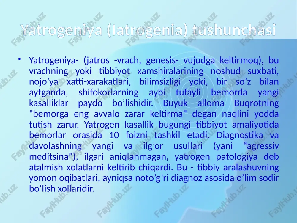 munodefisit xollar bilan izoxlangan bemorlarga nisbatan ko’rsatilgan "qaltis" operativ aralashuv va tibbiy muolajalar ko’rsatilgan bemorlarning o’limi kiritiladi. bu yatrogeniya umumiy autopsiyaning 0.62% tashkil etadi. yatrogeniya oqibatlari uchinchi daraja yatrogeniyalar - bular asosiy kasallik va uning asoratlari bilan patogenetik bog’liq bo’lmagan, bemorning o’limiga deyarli xech qanday axamiyat kasb etmagan patologik xolat va kasalliklardir. bunday xolatlarga in'eksiyadan keyingi absseslar, flegmonalar va x.k. kiradi. ular 0.16% uchraydi. evtanaziya (euthanasia) tushunchasi evtanaziya - bu og’ir, tuzalmas kasallikka mubtalo bo’lgan bemorni qiynoq azoblardan qutqarish uchun tibbiy o’limni turli dori-darmonlar yordamida tezlashtirishdir. "evtanaziya" atamasi grekcha eu- "yaxshi" va thanatos - "o’lim", degan ma'noni anglatib, "yaxshi" o’lim mazmunini bildiradi. evtanaziya (euthanasia) tushunchasi xozirgi vaqtda g’arb davlatlari va yevropa davlatlarida evtanaziyaga moyillikga ikki xil munosabat bildirilmoqda. liberal va konservativ. ikkala munosabat egalari evtanaziyani amalga oshirish sabablariga o’z dalillarini bildirmoqdalar. tibbiy o’lim - bemorning og’r va tuzalmas kasallik azob uqubatidan qutqarishning yagona chorasi sifatida; o’lishi aniq, tuzalmas, axvoli og’ir …