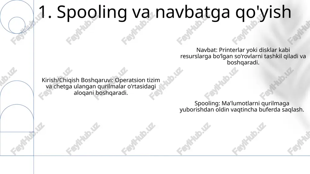 aloqani ta'minlashni, qurilma drayverlarini boshqarishni va uzilishlarni qayta ishlashni o'z ichiga oladi. to'g'ridan-to'g'ri xotira kirish (dma) periferik qurilmalarga protsessorni chetlab o'tib, to'g'ridan-to'g'ri asosiy xotiraga ma'lumot uzatish imkonini beradi. operatsion tizimlar ma'lumotlar uzatishni optimallashtirish va samaradorlikni oshirish uchun buferlash, spoollash va keshlash kabi texnikalar orqali i/o ni boshqaradi. 11. to'g'ridan-to'g'ri xotira kirish (txk) i/o xavfsizligi: i/o qurilmalariga ruxsatsiz kirishni oldini olish uchun kirishni boshqarish mexanizmlarini amalga oshirish. kirish/chiqish boshqaruvi: operatsion tizimlar protsessor va kirish/chiqish qurilmalari o'rtasidagi aloqani boshqaradi. kirish/chiqish xavfsizligi: tizim resurslarini ruxsatsiz kirish va zararli hujumlardan himoya qilish. 12. kirish/chiqish xavfsizligi va himoyasi kirish/chiqish boshqaruvi operatsion tizim va qurilmalar o'rtasidagi aloqani boshqaradi, ma'lumotlarning samarali oqishini ta'minlaydi. virtual fayl tizimlari jismoniy saqlashni abstraktlashtirib, turli xil ma'lumot manbalariga bir xil kirish imkonini beradi. operatsion tizimlar kirish-chiqish qurilmalari kabi apparat resurslarini boshqaradi va nazorat qiladi, bu esa muammosiz ishlaydi. 13. virtual fayl tizimlari e'tiboringiz uchun rahmat @taqdimot_robot image1.png image2.png image3.png image4.png image5.png image6.png …