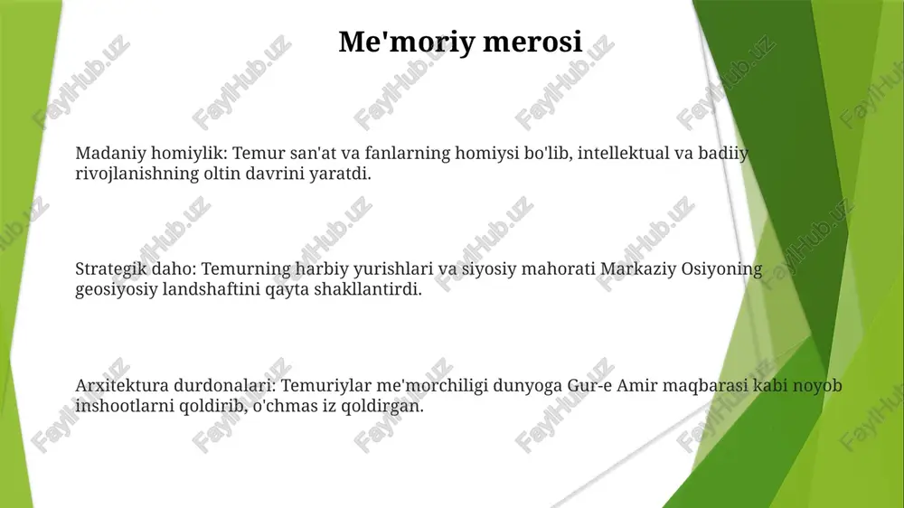 ko'pincha uning davlat arbobligi isboti sifatida ko'rsatiladi. u uka savdoni rivojlantirish, madaniy almashinuvni rag'batlantirish va markaziy osiyoda barqarorlik davrini o'rnatganligi bilan tanilgan. uning imperiyasining tarixiy ahamiyati harbiy yangiliklar: u mohir harbiy strateg va ixtirochi boʻlib, jang maydonini zabt etgan taktikalarni qoʻllagan. san'at va fan homiysi: temur hukmronligi davrida ilm-fanni rivojlantirdi, olimlarni qo'llab-quvvatladi va me'moriy loyihalarni amalga oshirdi. temur imperiyasi anadolu dan hindistongacha cho'zilgan bo'lib, savdo yo'llari va madaniy almashinuvga ta'sir ko'rsatgan. huquq va adolat merosı merosidan meʼmoriy durdonalar va kuchli huquqiy tizim qoldi. u huquqiy islohotlarni amalga oshirdi va savdoni rivojlantirdi, bu esa gullab-yashnash davrini yaratdi. u huquqiy islohotlarni amalga oshirdi va savdoni rivojlantirdi, bu esa gullab-yashnash davrini yaratdi. dini bag'rikenglik va diplomatiya temur siyosati turli dinlar o'rtasida tinchlik va tushunishni targ'ib qilib, gullab-yashnagan ko'p dinli jamiyatga hissa qo'shdi. uning diplomatik yondashuvi savdo va madaniy almashinuvni osonlashtirdi, imperatorligini bilim va farovonlik markaziga aylantirdi. amir temur keng imperiyasida diniy bag'rikenglikni rivojlantirgan …