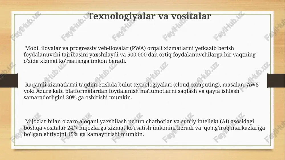 30% ga o'sishi va crm tizimlari orqali individual yondashuvni ta'minlash mumkin. raqamlilashtirish orqali mijozlarga 24/7 xizmat ko'rsatish imkoniyati yaratiladi, bu esa mijozlarning qoniqish darajasini 15% ga oshirishi mumkin. raqamlashtirishga oid qonun hujjatlari va me'yorlar o'zbekistonda raqamli iqtisodiyotni rivojlantirishga oid 2020-yil 12-yanvardagi pq-4622-sonli prezident farmoni davlat organlari faoliyatini raqamlashtirish bo'yicha aniq vazifalarni belgilab bergan. raqamli imzo to'g'risidagi qonun hujjatlari elektron hujjatlarning huquqiy kuchini ta'minlash va ular bilan ishlash tartibini belgilaydi, bu esa 100 mingdan ortiq fuqarolarga qulaylik yaratadi. “elektron hukumat” tizimini rivojlantirishga oid 2018-yil 2-iyuldagi pq-3686-sonli qaror orqali 500 dan ortiq davlat xizmatlarini elektron shaklga o'tkazish maqsadi qo'yilgan edi. raqamlashtirilgan xizmatlarning turlari sog'liqni saqlash sohasida 100 dan ortiq raqamlashtirilgan xizmatlar mavjud bo'lib, ularning orasida onlayn maslahatlashuvlar va elektron retseptlar muhim o'rin tutadi. raqamlashtirilgan to'lovlar, 2023 yilda 50% ga o'sgan bo'lib, elektron tijorat va onlayn bank xizmatlari kabi sohalarda asosiy o'rin egallaydi. ta'lim sohasida, masalan, 3000 dan ortiq onlayn kurslar va 50 …