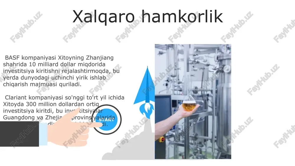 darajada oshirdi. ushbu islohotlar davrida kimyo sanoati xitoyning asosiy tarmoqlaridan biriga aylandi va milliy daromadga katta hissa qo'shdi, rapid industrial growth ga olib keldi. 06 05 04 xitoy kimyo sanoatining oʻtmishi 01 02 shennong davrida yozilgan "shennong ben cao jing” asarida 365 turdagi dorivor oʻsimliklar va ularning shifobaxsh xususiyatlari haqida maʼlumotlar keltirilgan boʻlib, bu xitoy kimyo sanoatining qadimgi ildizlariga ishora qiladi. 20-asrning ikkinchi yarmida, ayniqsa 1978-yildan boshlab amalga oshirilgan iqtisodiy islohotlar kimyo sanoatining modernizatsiyasi va rivojlanishiga turtki boʻldi. sanoatdagi muammolar kimyo sanoati 9,5% o'sishga erishgan bo'lsa-da, foyda 7,7% ga kamaygan, bu rentabellikning pasayishini ko'rsatadi. 2025-yilda xitoyning propilen ishlab chiqarish quvvati mahalliy talabdan 179% ga oshishi kutilmoqda, bu ortiqcha ishlab chiqarish quvvatlari muammosini keltirib chiqaradi. bugungi holati: yetakchi ishlab chiqaruvchi va eksportchi 2025-yilda xitoyning propilen ishlab chiqarish quvvati mahalliy talabdan 179% ga oshishi kutilmoqda, bu esa eksport potentsialini aks ettiradi. xitoy polimerlar, oʻgʻitlar, farmatsevtika va maxsus kimyoviy moddalar ishlab chiqarishda global …
