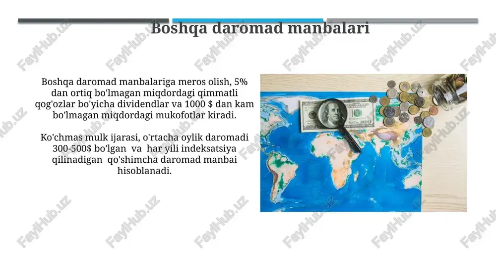 o'mni tashkil etadi. yordam va subsidiyalar energiya subsidiyalari miqdori o'rtacha oila byudjetining 15-20% ni tashkil etib, yashash xarajatlarini qisqartirishga yordam beradi. yordam va subsidiyalarning 30% dan ortig'i kam ta'minlangan oilalarga, 2023 yil ma'lumotlariga ko'ra, ajratilgan. uy xo'jaliklarining moliyaviy ahvoli 2022 yilgi ma'lumotlarga ko'ra, o'zbekistondagi uy xo'jaliklarining 25% qashshoqlik chegarasidan pastda yashaydi, bu ularning moliyaviy barqarorligi pastligini bildiradi. uy xo'jaliklarining moliyaviy ahvolini baholashda, oila a'zolari soni, ularning yoshi va ta'lim darajasi kabi demografik omillar muhim rol o'ynaydi. masalan, 4 kishilik oila uchun o'rtacha oylik xarajat 3 million so'mdan oshadi. ish haqi va maosh ish haqi miqdori turli faktorlarga, jumladan, lavozim, tajriba va malakaga bog'liq bo'lib, o'rtacha oylik maosh 3-5 million so'm oralig'ida o'zgarib turadi. ish haqi va maosh, oila byudjetining asosiy qismini, o'rtacha 60-70% ni tashkil etadi va bu turli xil xarajatlarni qoplash uchun muhim manba hisoblanadi. kreditlar va qarzlar mikrokreditlar odatda 1 million so'mdan 5 million so'mgacha miqdorda beriladi va …