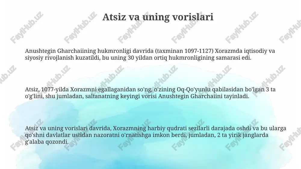 asining asoschisi anushtegin gharchai bo'lib, xi asrning oxirida xorazmni egallagan va 1077-yilda vafot etgan. uning hukmronligi davrida xorazm mustaqil davlatga aylana boshlagan. xorazmshohlarning madaniy merosi xorazmshohlar davrida 12-13-asrlarda gullab-yashnagan miniatyura san’ati, ayniqsa, “anvariy devoni” kabi qo'lyozmalar orqali o'zining yuksak cho'qqisiga yetgan. xorazmshohlar saroyida 300 dan ortiq olimlar va yozuvchilar faoliyat yuritganligi, ularning ilmiy va adabiy asarlari sharq madaniyatiga ulkan hissa qo'shganligi ma’lum. xorazm arxitekturasi turli xil uslublarning uyg'unlashuvi bilan ajralib turadi, masalan, masjidlar, maqbaralar va qal’alar o'zining murakkab geometriyasi va bezaklari bilan ta’sirchan. sulton muhammad va uning hukmronligi uning hukmronligi davrida xorazmning hududi kengayib, movarounnahr va chorasm viloyatlarini qamrab olgan va boy savdo yo'llari ustidan nazorat o'rnatgan. sulton muhammadning 1200-yillarning boshlarida taxminan 20 yildan ortiq hukmronligi davrida xorazmshohlar davlati o'zining eng yuqori qudrat cho'qqisiga chiqqan. sulton muhammadning harbiy islohotlari tufayli xorazm armiyasi 40 ming kishilik kuchli va yaxshi qurollangan qo'shin bo'lib, yaqin sharqdagi eng kuchli kuchlardan biri hisoblangan. il-arslan va …
