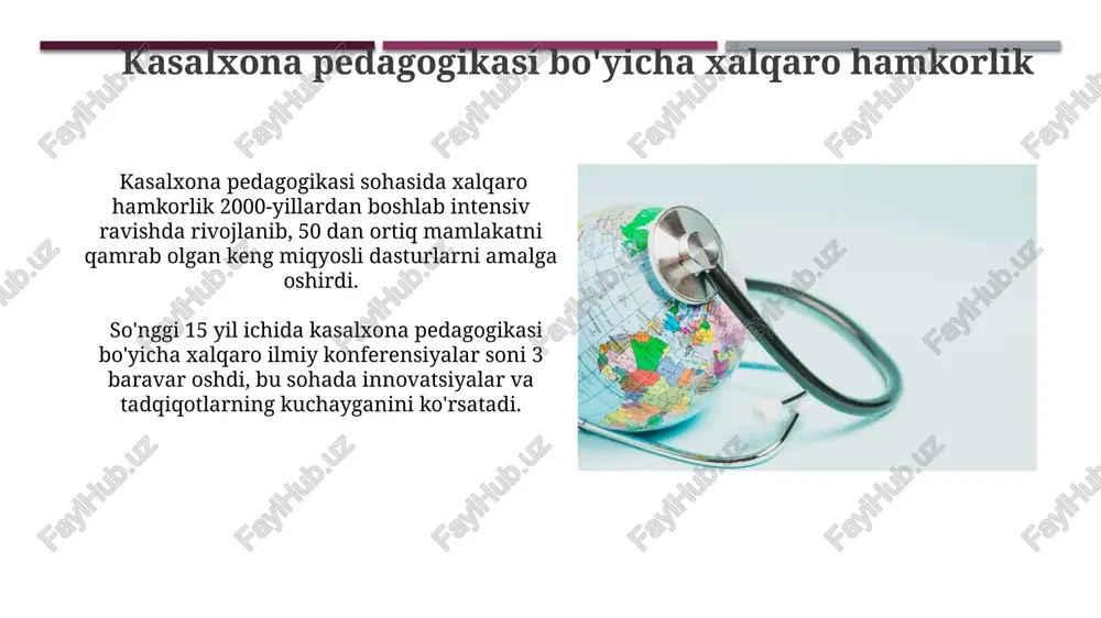 tish va sog'liqni saqlash savodxonligini oshirishga qaratilgan yangi yo'nalishlarni o'z ichiga oldi, ularning soni 10 dan ortiq bo'lgan. birinchi kasalxona pedagogika dasturlari asosan hamshiralarni tayyorlashga qaratilgan bo'lib, nazariy bilimlar bilan amaliy ko'nikmalarni mukammal birlashtirishga urg'u bergan. e'tiboringiz uchun rahmat @taqdimot_robot image1.jpg image2.jpg image3.jpg image4.jpg image5.jpg image6.jpg image7.jpg image8.jpg image9.jpg