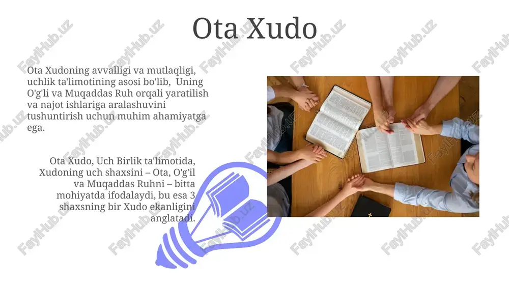da (ota, o'g'il va muqaddas ruh) mavjudligi haqida 3 asosiy printsipni o'z ichiga oladi. uch birlik va xristian hayoti uch birlik ta'limoti xristian hayotining markaziy qismi bo'lib, 3 shaxs – ota, o'g'il va muqaddas ruhning bir xudoda mavjudligini bildiradi va bu inson qutqarilishi uchun muhim ahamiyatga ega. muqaddas kitobning 100 dan ortiq oyatlari uch birlikka ishora qiladi, bu esa xristianlarning ilohiy tushunchasiga va ruhiy hayotining asoslariga ta'sir ko'rsatadi. uch birlik haqidagi tarixiy bahslar 01 02 uch birlik haqidagi munozaralar, 325 yildagi nikaea kengashidan keyin ham davom etib, nestorianizm va monofizitizm kabi yangi ta'limotlarning paydo bo'lishiga olib keldi. sales 1st qtr 2nd qtr 100 0 sales 1st qtr 2nd qtr 100 0 uch birlikka qarshi falsafiy mulohazalar uch birlik doktrinasi mantiqqa zid, degan fikrni aristotelning metafizikasi va uning 3-asrdagi neoplatonizm ta'siri orqali tushunish mumkin. uch birlikka qarshi mulohazalarning ko'pchiligi, bir xudolik tamoyilini himoya qilish va "birlik" tushunchasining yagona va ajralmasligini ta'kidlashga …