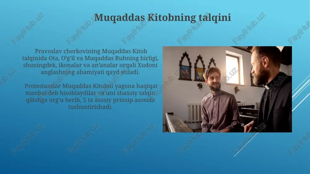 blanadi. katolik cherkovining taʼlimotida yetti muqaddas marosimi, yaʼni suvga choʻmdirish, birinchi qurbongoʻh, muqaddas ruhning yaqinlashuvi kabi asosiy marosimlar mavjud. asosiy farqlar jadvali katolik cherkovi papa boshchiligida bo'lsa, pravoslav va protestant cherkovlarida markaziy boshqaruv yo'q, ular avtonom cherkovlarga bo'lingan. sakramentlar soni bo'yicha farqlar mavjud: katolik cherkovida 7 ta, pravoslav cherkovida 7 ta, protestant cherkovlarida esa 2-7 gacha sakrament tan olinadi. ruhoniylar va ierarxiya protestant cherkovlarida ruhoniylar ierarxiyasi ancha sodda bo'lib, ba'zi oqimlarda ruhoniylik tushunchasi umuman yo'q, jamiyatda tenglik tamoyili ustunlik qiladi. katolik cherkovida papa boshchiligidagi markazlashgan ierarxiya mavjud bo'lib, u episkoplar, ruhoniylar va diakonlardan iborat 3 darajali tuzilmani o'z ichiga oladi. qutqarilish yo'li pravoslav cherkovi qutqarilishni iso masihning xochdagi qurbonligi, ilohiy inoyatning doimiy ta'siri va 7 ta muqaddas sirlar orqali amalga oshirilishini ta'kidlaydi, ammo ba'zi marosimlar va ta'limotlarda farqlar mavjud. qutqarilish yo'lida katolik cherkovi insonning gunohlarini iso masihning qurbonligi orqali kechirilishiga, 7 ta sirlar orqali ilohiy inoyatni qabul qilishga va muqaddas …