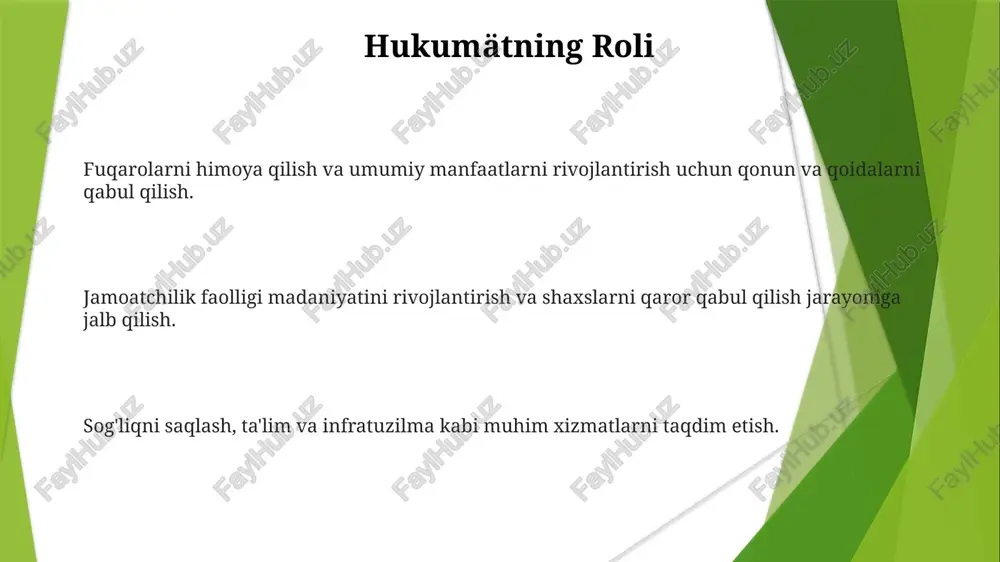 k etish: ovoz berish, saylovoldi kampaniyalarida qatnashish va himoya qilish. ko'ngillilik: jamiyat tashkilotlariga vaqt va ko'nikmalarni bag'ishlash. ko'ngillilikni rag'batlantirish yetakchilik ko'nikmalarini rivojlantiring va qimmatli ish tajribasi orttiring. ma'noli ishlarga hissa qo'shing va ijobiy ta'sir ko'rsating. ma'noli ishlarga hissa qo'shing va ijobiy ta'sir ko'rsating. madaniyaroaro muloqotni rivojlantirish madaniyatlar o'rtasidagi tushunish va hurmatni targ'ib qilish. jamiyatlar o'rtasida ko'priklar qurish va hamjihatlikni rivojlantirish. jamiyatda va fuqarolik hayotda faol ishtirok etishni rag'batlantirish. jamoatchilik faolligini targ'ib qilish ovoz berish, ko'ngillilik va ijobiy o'zgarishlarni targ'ib qilishda faol ishtirok etishni rag'batlantirish. yaxshi jamiyat qurishda mas'uliyat va umumiy mulkchilik hissini rivojlantirish. jamiyat ishlarida va qaror qabul qilish jarayonlarida ishtirok etish uchun shaxslarni kuchlantirish. faol fuqarolikning afzalliklari shaxslarni kuchlantiradi: faol fuqarolar o'ziga ishonch hosil qiladi, ko'nikmalarini rivojlantiradi va jamiyatda kuchli ovozga ega bo'ladi. jamoalarni yaxshilaydi: faol fuqarolar jamoalarining farovonligiga ko'ngillilik, o'zgarishlarni himoya qilish va hamkorlikni rivojlantirish orqali hissa qo'shadilar. demokratiyani mustahkamlaydi: faol fuqarolar saylovlarda ishtirok etib, jamoat muhokamalariga qo'shilib …