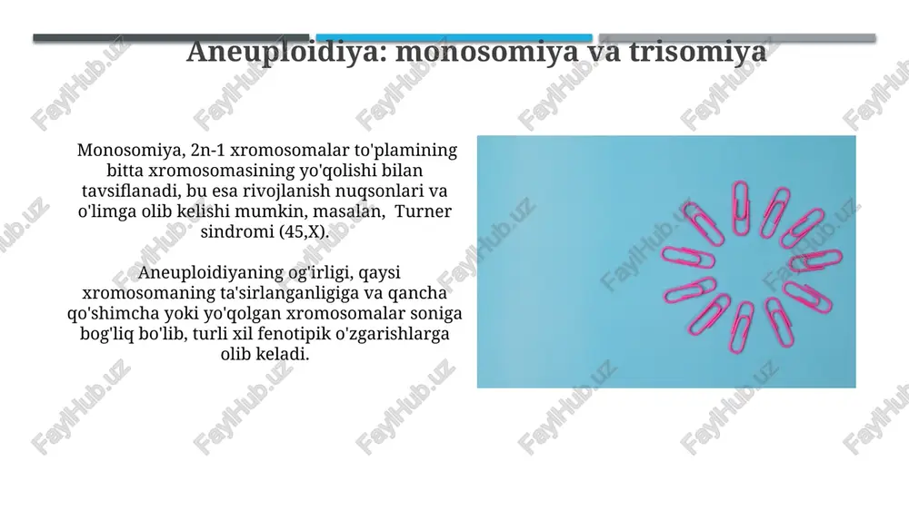 , masalan, x va y xromosomalaridagi o'zgarishlar, jinsiy rivojlanishdagi buzilishlarga va bepushtlikka olib kelishi mumkin. xromosoma mutatsiyalari, masalan, trisomiya 21 (down sindromi) kabi, intellektual rivojlanishning kechikishi va yurak nuqsonlari kabi turli xil sog'liq muammolariga olib kelishi mumkin. xromosom mutatsiyalari bo'yicha mashqlar va misollar xromosom mutatsiyalarining 3 turi – deleksiya, duplikatsiya va inversiya – har xil miqdordagi genlarni o'z ichiga olgan holda, karyotiplarni 46 dan farq qiluvchi anormal holatlarni keltirib chiqaradi. xromosomalarni tasvirlashda ideogramma yordamida har bir xromosoma uzunligi, sentromeraning joylashuvi va boshqa belgilarni aniqlash mumkin, bu esa mutatsiyalarni aniqlashda yordam beradi. xromosom mutatsiyalarining sabablari xromosoma mutatsiyalarining bir qismi, taxminan 15%, kimyoviy mutagenlar, masalan, ba'zi dorilar, zaharli moddalar va atrof-muhit ifloslantiruvchi moddalar ta'siri bilan bog'liq bo'lib, ular dnk replikatsiyasi jarayonini buzadi. xromosoma mutatsiyalarining 20% dan ortig'i ionlashtiruvchi nurlanish, masalan, rentgen yoki gamma-nurlanish ta'siri natijasida yuzaga keladi, bu dnkning buzilishiga va xromosoma tuzilishi o'zgarishiga olib keladi. translokatsiyalar: mexanizmi va oqibatlari balanssiz translokatsiyalar, …