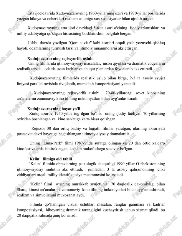 jtimoiy muammolarni aks ettirgan. xudojnazarovning rejissyorlik uslubi uning filmlarida ijtimoiy-siyosiy masalalar, inson qiyofasi va dramatik voqealarni realistik tarzda, odatda uzun kadrlar va chuqur planlardan foydalanib aks ettiradi. xudojnazarovning filmlarida realistik uslub bilan birga, 2-3 ta asosiy syujet liniyasi parallel ravishda rivojlanib, murakkab kompozitsiyani yaratadi. xudojnazarovning rejissyorlik uslubi 70-80-yillardagi sovet kinosining an'analarini zamonaviy kino tilining imkoniyatlari bilan uyg'unlashtiradi. xudojnazarovning hayot yo'li xudojnazarov 1950-yilda tugʻilgan boʻlib, uning ijodiy faoliyati 70-yillarning oxiridan boshlangan va kino san'atiga katta hissa qoʻshgan. rejissor 30 dan ortiq badiiy va hujjatli filmlar yaratgan, ularning aksariyati postsovet davri hayotiga bag'ishlangan ijtimoiy-siyosiy dramalardir. uning "luna-park" filmi 1987-yilda suratga olingan va 20 dan ortiq xalqaro kinofestivalarda ishtirok etgan, ko'plab mukofotlarga sazovor bo'lgan. "kelin" filmiga oid tahlil "kelin" filmida obrazlarning psixologik chuqurligi 1990-yillar oʻzbekistonining ijtimoiy-siyosiy muhitini aks ettiradi, jumladan, 3 ta asosiy qahramonning ichki ziddiyatlari orqali milliy identifikatsiya muammosini koʻrsatadi. "kelin" filmi oʻzining murakkab syujeti va 70 daqiqalik davomiyligi bilan sharq kinosi …