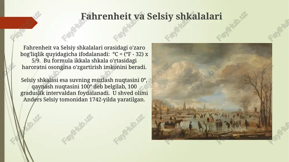 anligi haqida qizg'in bahslar bo'lib, bu ikki nazariya orasida aniq chegaralar mavjud emas edi, lekin bir-biriga qarama-qarshi fikrlar ustunlik qildi. issiqlikning kaloriy nazariyasi, ya'ni issiqlik moddiy suyuqlik ekan degan fikr 18-asrda keng tarqalib, ko'plab tajribalar va hisob-kitoblarga asoslangan edi, ammo kamchiliklari ham mavjud edi. e'tiboringiz uchun rahmat @taqdimot_robot image1.jpg image2.jpg image3.jpg image4.jpg image5.jpg image6.jpg image7.jpg image8.jpg image9.jpg