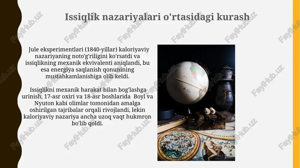 lalarining paydo bo'lishi selsiy shkalasi 1742-yilda shvetsiyalik astronom anders selsiy tomonidan taklif qilingan bo'lib, suvning qaynash va muzlash nuqtalarini mos ravishda 0 va 100 gradus sifatida belgilangan. farengeyt shkalasi 1724-yilda gollandiyalik fizik daniel farengeyt tomonidan yaratilgan bo'lib, u suvning muzlash nuqtasini 32, qaynash nuqtasini esa 212 gradus sifatida belgilangan. xvii-xviii asrlarda termometriyaning rivojlanish tarixi 18-asrda issiqlikning kaloriy nazariyasi keng tarqalgan bo'lib, issiqlik moddiy suyuqlik deb qaraldi, biroq keyinchalik joulning tajribalari issiqlikning energiyaning bir turi ekanligini isbotladi. anders celsiy 1742-yilda 100 gradusli shkala yaratdi, unda suvning muzlash nuqtasi 0°c, qaynash nuqtasi esa 100°c deb belgilangan, bu hozirgi kunda keng qo'llaniladigan selsiy shkalasining asosini tashkil etdi. xviii asr oxiridagi termometrik asboblar va ularning qo'llanilishi xviii asr oxirida, yuqori aniqlikdagi simob termometrlarning ishlab chiqarilishi, aniqroq va ishonchli harorat oʻlchovlari olish imkonini berdi. fahrenheit, réaumur va celsius kabi taniqli olimlar tomonidan ixtiro qilingan termometrlar tibbiyot, meteorologiya va kimyo kabi turli sohalarda qoʻllanila boshlandi. flegiston …