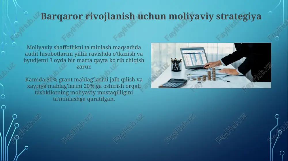 ‘lovlar) va xarajatlarning kamida 7 ta asosiy kategoriyasi bo‘yicha batafsil tahlil o‘tkazish zarur. nodavlat tashkilotlarining moliyaviy hisobotlarini audit qilishda kamida 30% namunaviy tekshiruvlar o‘tkazish, shuningdek, 5 yildan ortiq davom etgan loyihalarni alohida tahlil qilish tavsiya etiladi. axborot texnologiyalaridan foydalanish axborot texnologiyalari, xususan bulutli xizmatlar, xayriya tashkilotlarining xarajatlarini 20-30% ga kamaytirishi va samaradorlikni 15% ga oshirishi mumkin. crm tizimlaridan foydalanish xayriya tashkilotlariga 5000 gacha donor bilan aloqani avtomatlashtirish, hisobot berishni soddalashtirish va mablag'larni boshqarishni yaxshilash imkonini beradi. byudjet rejalashtirish va nazorat qilish tizimini takomillashtirish byudjet rejalashtirishda kamida 3 ta asosiy daromad manbasini aniqlash va har bir manba bo‘yicha prognoz ko‘rsatkichlarini 10% aniqlikda belgilash samaradorlikni oshiradi. donorlar bilan o‘zaro munosabatlarni kuchaytirish va hisobot berish chastotasini yiliga 4 martadan 6 martagacha oshirish, ishonchni mustahkamlaydi va mablag’ jalb qilish imkoniyatlarini kengaytiradi. moliyaviy xavflarni boshqarish va ularning oldini olish moliyaviy xavflarni boshqarish uchun diversifikatsiyalangan daromad manbalarini (kamida 3 ta) yaratish va har bir manbaning 15% …