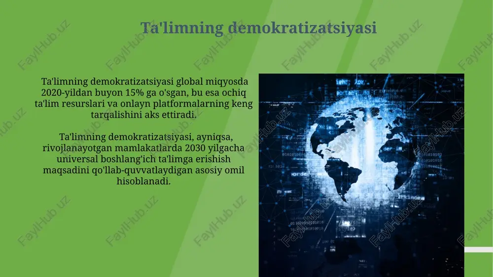 'limning ahamiyati kasbiy ta’lim, o‘rtacha 25% ga ish haqini oshirish imkoniyatini beradi, bu texnik va amaliy ko‘nikmalarga bo‘lgan talabning yuqori ekanligini ko‘rsatadi. kasbiy ta’lim o‘quvchilarning 70% ga yaqinini ish bilan ta’minlash imkoniyatini oshirib, mehnat bozoriga muvaffaqiyatli integratsiyalashuviga yordam beradi. jahon ta'lim tizimidagi globallashuv xalqaro ta'lim hamkorliklari soni o‘sib bormoqda, masalan, erasmus+ dasturi orqali 2022 yilda 1 milliondan ortiq talaba almashinuvi amalga oshirildi. jahon ta'lim tizimida 2030 yilgacha raqamli texnologiyalarni qo‘llash 30% ga oshishi va onlayn ta'lim platformalarining soni 5 barobar ko‘payishi kutilmoqda. ta'lim siyosatining o'zgarishi ta'lim siyosatida texnologiyalarni jadal qo'llash kuzatilmoqda, 2020 yildan keyin onlayn ta'limning ulushi 30% dan oshdi va bu raqam doimiy ravishda o'sib bormoqda. davlat ta'lim byudjetining 2025 yilgacha 15% ga oshirish maqsadi qo'yilgan bo'lib, bu mablag'lar asosan o'qituvchilarni qayta tayyorlash va yangi texnologiyalarni sotib olishga yo'naltiriladi. kritik fikrlash va muammo yechish ko'nikmalari kritik fikrlash va muammo yechish bo'yicha o'qitish samaradorligini baholashda pisa kabi xalqaro baholash testlari …