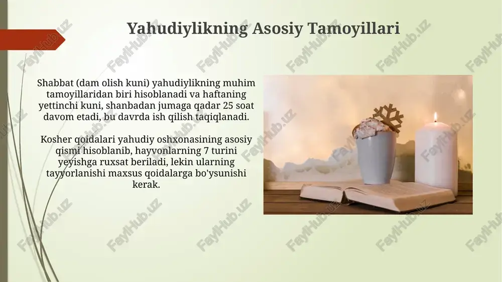 isoblangan ovqatlar ro'yxatini o'z ichiga oladi. sinagoga va uning ahamiyati sinagogadagi muqaddas matnlar, masalan, torotning 5 kitobi, yahudiylarning diniy va madaniy merosini saqlash va tarqatishda muhim rol o'ynaydi. sinagoga yahudiylarning ma'naviy hayotida muhim o'rin tutadi, ibodat, ta'lim va jamoatchilik hayotining markazi bo'lib xizmat qiladi, haftasiga 3 martadan ortiq ibodatlar o'tkaziladi. zamonaviy yahudiylik koʻplab zamonaviy yahudiylar, ayniqsa, yosh avlod, anʼanaviy qoidalarga nisbatan koʻproq erkin yondashuvni afzal koʻrishadi, bu esa yahudiylikning 1000 yildan ortiq davom etgan anʼanaviy amaliyotlarini oʻzgartiradi. zamonaviy yahudiy jamoalarida ayollar rolini kengaytirishga qaratilgan harakatlar kuzatiladi, masalan, ayollar rabiy boʻlishlari va sinagogada koʻproq faol ishtirok etishlari 50 yildan beri kuchaygan. muqaddas kitob va talmudim muqaddas kitob 613 ta mishnodan iborat bo'lib, har biri alohida hukm va qoidalarni o'z ichiga oladi va yahudiylarning kundalik hayotiga ta'sir ko'rsatadi. talmud muqaddas kitobga izoh va talqinlarni o'z ichiga oladi, shuningdek, hozirgi kunda ham tahlil qilinadigan 2000 yildan ortiq muhokamalar va fikrlarni saqlaydi. e'tiboringiz uchun …