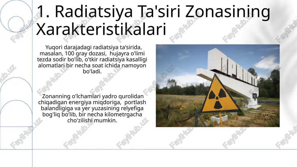dozimetrlar ta'minlanishi zarur. zararlanganlarni davolash va reabilitatsiya qilish uchun 1500 litr dan kam bo'lmagan miqdorda dorilar, bintlar va boshqa tibbiy materiallar zahirasi bo'lishi lozim. 10. teri shikastlanishlarining davolash tashqi nurlanish shikastlanishlarida terining 2-3 darajali kuyishiga qarshi mahalliy davolash, antiseptiklar va yarani davolovchi malhamlarni qo'llash orqali amalga oshiriladi, og'ir holatlarda esa teri transplantatsiyasi zarur bo'lishi mumkin. radiatsiya kasalligi belgilari paydo bo'lganda, bemorlarga darhol 1-2 litr suyuqlik (suv yoki elektrolit eritmalari) ichish tavsiya etiladi, shuningdek, antiemetiklar va og'riq qoldiruvchi vositalar qo'llanilishi mumkin. 11.uzoq muddatli tibbiy nazorat nazorat jarayoni qon tahlillari, genetik tekshiruvlar va organlarning rentgen tekshiruvlari kabi turli xil diagnostika usullarini, shuningdek, bemorlarning sog'lig'ini muntazam baholashni o'z ichiga oladi. uzoq muddatli tibbiy nazorat davomida bemorlarga individual yondashuv qo'llaniladi, har bir bemorning radiatsiyaga ta'sir darajasi va sog'liq holati inobatga olinadi, bu esa davolash rejalarini shaxsiylashtirishga imkon beradi. 12.ko'z shikastlanishlarining davolash ko'zning radiatsion shikastlanishiga qarshi dastlabki yordam 1-3 soat ichida amalga oshirilishi kerak, bu …