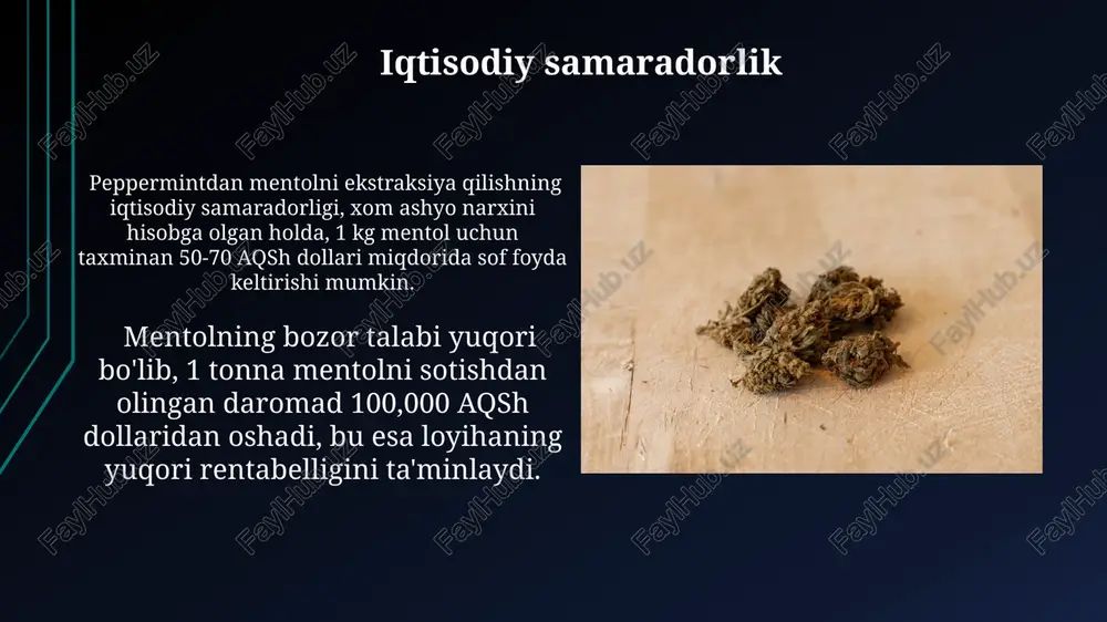 i oldini oling. ishlatilgan materiallarni 1:10 nisbatda suv bilan suyultirilgan natriy gidroksid eritmasi bilan neytrallashtiring. solvent ekstraksiyasi peppermintdan mentolni ekstraksiya qilishda 95%li etanol kabi qutb xususiyatiga ega erituvchilar samaraliroq bo'lib, 2-3 marta ekstraksiya jarayonini takrorlash mahsuldorlikni oshiradi. superkritik co2 ekstraksiyasi yuqori bosim (300-500 bar) va harorat (30-40°c)da amalga oshiriladi, bu esa selektivlikni oshirib, yuqori sifatli mentol olish imkonini beradi. xulosa xulosa tarkibida 100 gramm yalpiz yogʻidan 40-50 gramm miqdorida mentol olish mumkin, bu esa samaradorlikni 40-50% atrofida belgilaydi. xulosa usuli bilan mentolni ajratib olish jarayoni 2-3 soat davom etadi va nisbatan sodda texnologiyalarni talab qiladi. yalpizning tarkibi yalpiz tarkibidagi mentol miqdori, o'simlikning pishib yetish davriga bog'liq holda, taxminan 0,5% dan 2,5% gacha o'zgarib turadi. yalpizning tarkibida 1-3% gacha mentol, shuningdek, mentolning izomerlari, pulegon, limonen va boshqa 100 dan ortiq efir moylari mavjud. bug' bilan distillash bug' bilan distillash usuli an'anaviy usullar bilan solishtirganda mentolni yuqori darajada tozalash imkonini beradi, bu …