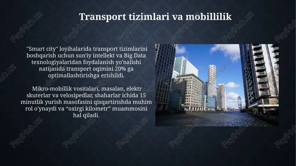 n beradi. davlat shaharsozlik siyosati 2030-yilgacha boʻlgan davr uchun strategik rivojlanish rejalarini oʻz ichiga oladi, bunda ekologik toza transport infratuzilmasini rivojlantirishga 15% gacha mablagʻ ajratilishi koʻzda tutilgan. aholi zichligi va infratuzilma 100,000 dan ortiq aholisi bo'lgan shaharlarda transport, suv ta'minoti va kanalizatsiya tizimlari kabi muhim infratuzilmalarni rivojlantirishga yillik milliardlab dollar sarf qilinmoqda. zamonaviy shaharlarning aholisi zichligi o'rtacha 1 kv.km ga 5000 dan 20000 kishigacha yetishi mumkin, bu esa infratuzilmaga juda yuqori talabni keltirib chiqaradi. zamonaviy shaharsozlikning asosiy tamoyillari zamonaviy shaharsozlikda ekologik barqarorlikka e'tibor kuchaygan bo'lib, kamida 30% yashil maydonlarni saqlash va energiya samaradorligini 20% ga oshirish kabi maqsadlar qo'yilmoqda. aholi zichligi va transport infratuzilmasini optimal ravishda taqsimlash orqali, yo'l tıkanıklıklarını kamaytirish va 1 kishiga 10 kv.m. dan kam bo'lmagan yashash maydonini ta'minlashga harakat qilinmoqda. e'tiboringiz uchun rahmat @taqdimot_robot image2.jpg image3.jpg image4.jpg image5.jpg image6.jpg image7.jpg image8.jpg image9.jpg image10.jpg image11.jpg image12.jpg image13.jpg