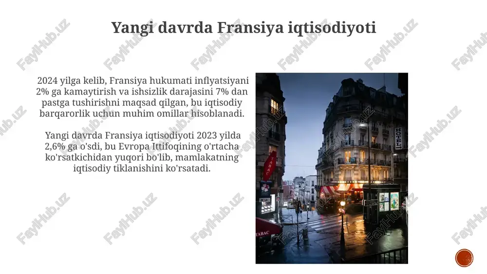 ga qarshi kurashda faol ishtirok etib, mintaqadagi ta’sirini saqlab qolishga intiladi, bu diplomatik va iqtisodiy vositalar orqali amalga oshiriladi. fransiya yevropa ittifoqining 27 a’zosidan biri sifatida global miqyosda ta’sir ko‘rsatadigan siyosatlarni shakllantirishda faol ishtirok etadi va uning tashqi siyosati ko‘pincha yevropa integratsiyasi maqsadlariga mos keladi. fransiya va global xavfsizlik fransiya sahel mintaqasidagi terrorizmga qarshi kurashda faol ishtirok etib, 4500 dan ortiq askarni mintaqaga yuborgan. fransiya natoning muhim a'zosi sifatida yevropa va global xavfsizlikka 200 milliard yevrodan ortiq harbiy byudjet bilan sezilarli hissa qo'shadi. fransiyaning demografik o'zgarishlari fransiya migratsiya salohiyati yuqori bo'lib, 2022 yilda 250 mingdan ortiq odam mamlakatga ko'chib kelgan, bu aholining etnik xilma-xilligini oshirmoqda va iqtisodiy o'sishga hissa qo'shmoqda. tug'ilish darajasi pasayishi va o'lim darajasi oshishi natijasida fransiyaning tabiiy o'sish ko'rsatkichi kamayib bormoqda, bu esa kelajakdagi mehnat resurslari taqchilligiga olib kelishi mumkin. e'tiboringiz uchun rahmat @taqdimot_robot image4.jpg image5.jpg image6.jpg image7.jpg image8.jpg image9.jpg image10.jpg image11.jpg image12.jpg image13.jpg image14.jpg image15.jpg image1.png …